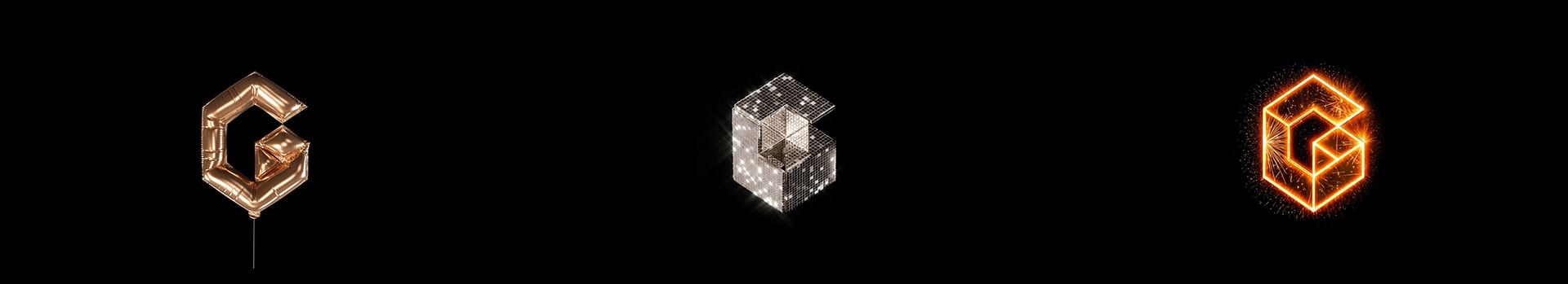 Three stylized G-shaped objects: a gold balloon, a shiny grid, and a fiery neon outline.