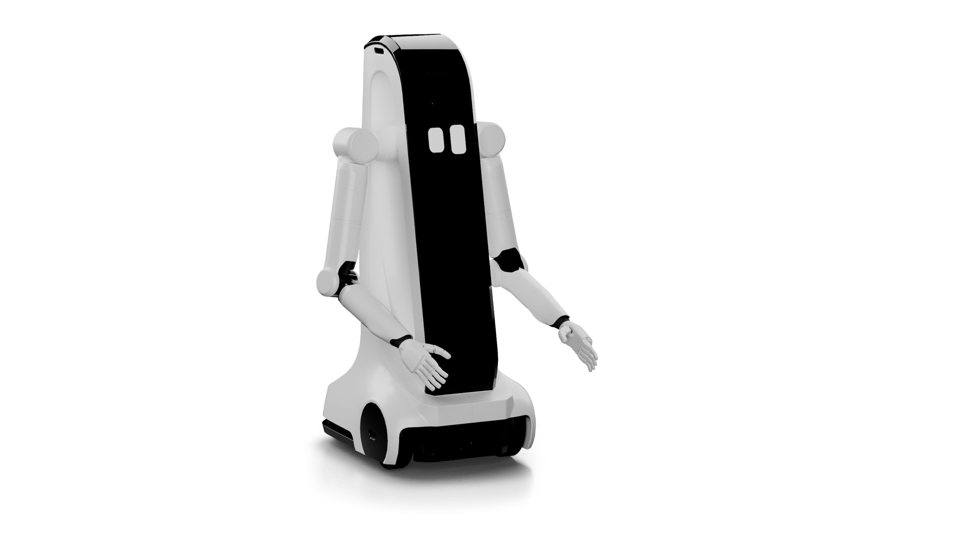 White and black robot standing, arms open slightly.