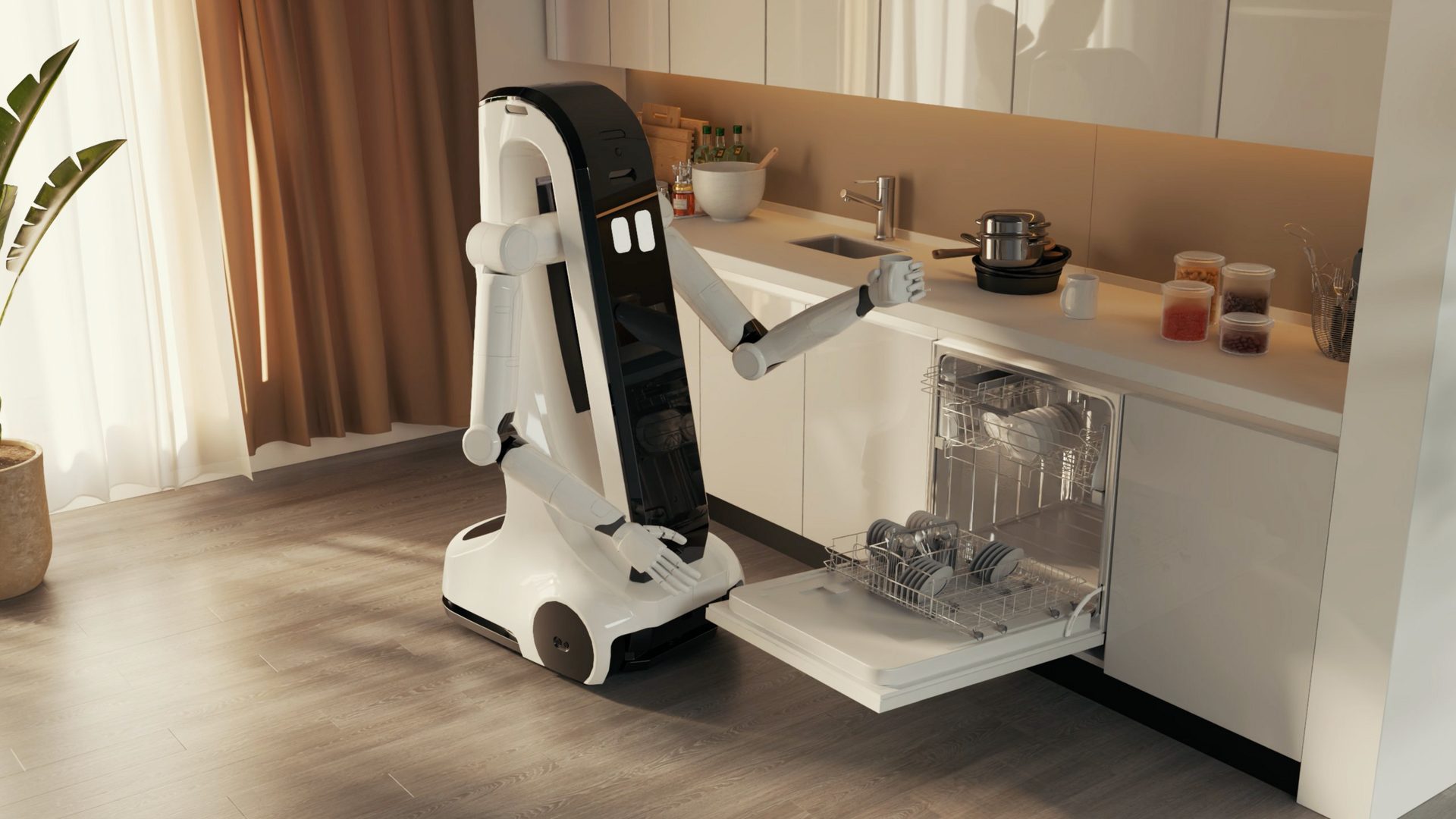 A white robot with articulated arms opens a dishwasher in a kitchen.