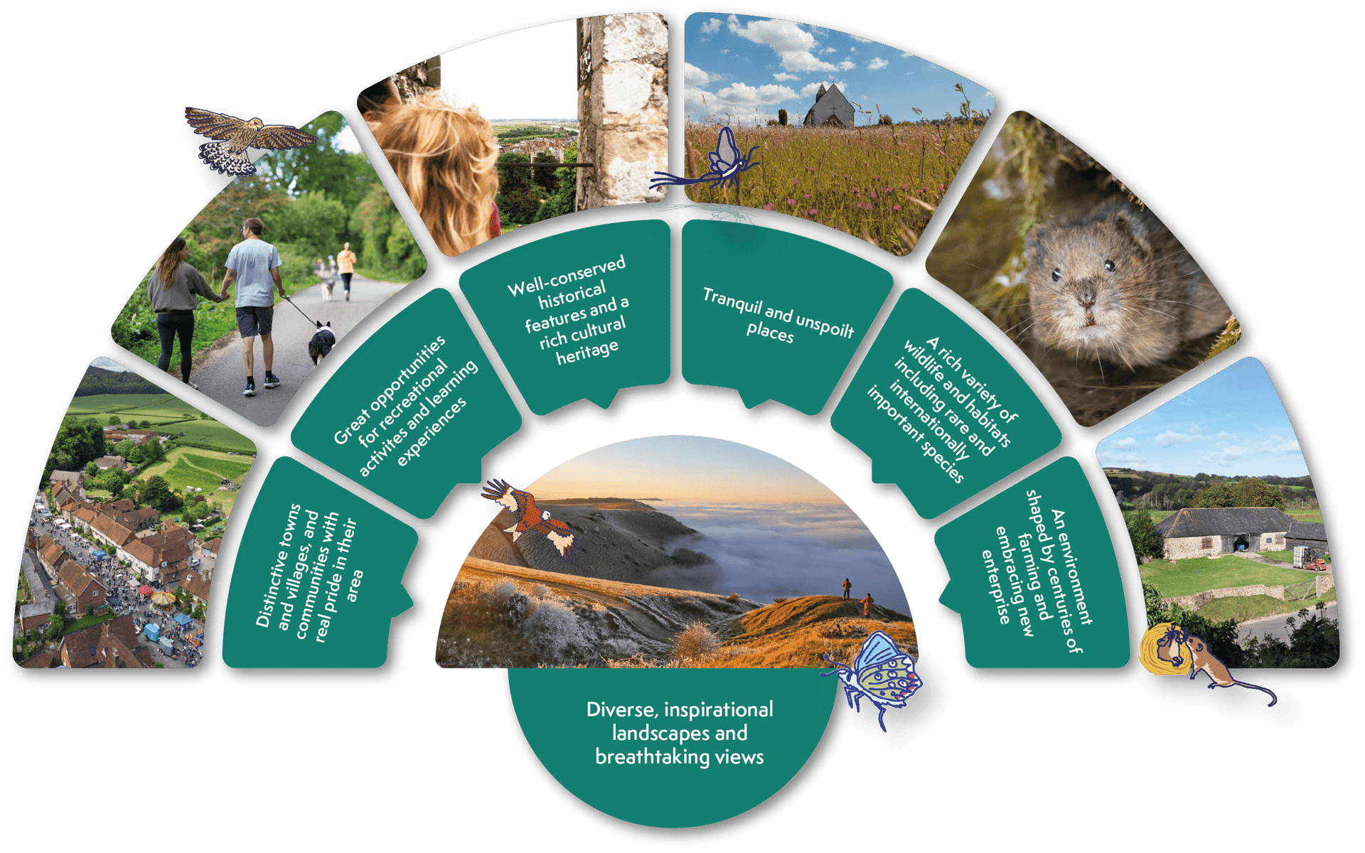The Arc Sections (Left to Right):Distinctive towns and villages, and communities with real pride in their areaGreat opportunities for recreational activities and learning experiencesWell-conserved historical features and a rich cultural heritageTranquil and unspoilt placesA rich variety of wildlife and habitats including rare and internationally important speciesAn environment shaped by centuries of farming and embracing new enterpriseThe Central Section (Bottom):Diverse, inspirational landscapes and breathtaking views
