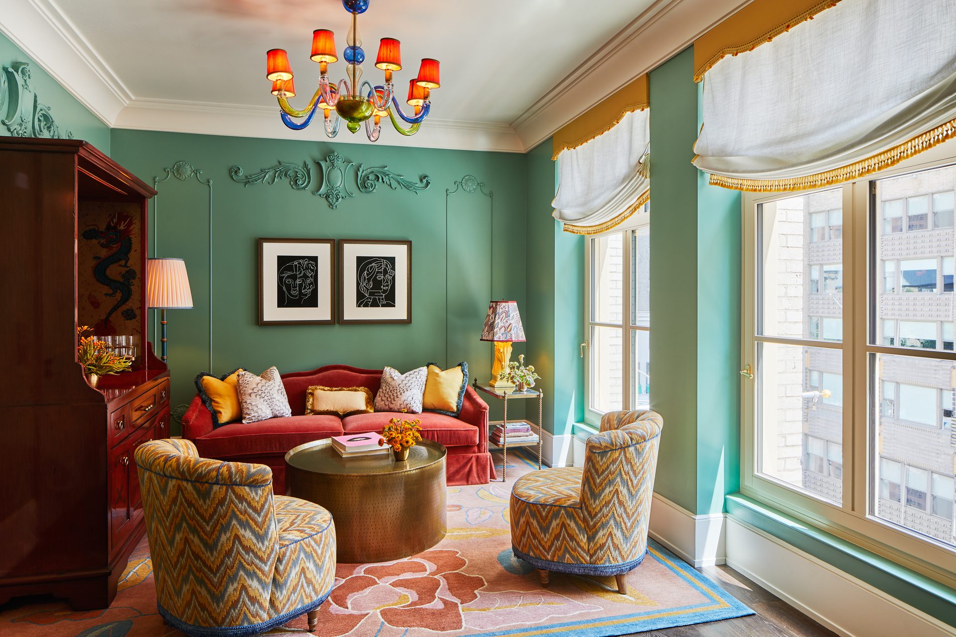 Interior design, Property, Furniture, Decoration, Green, Window, Table, Orange, Wood, Couch