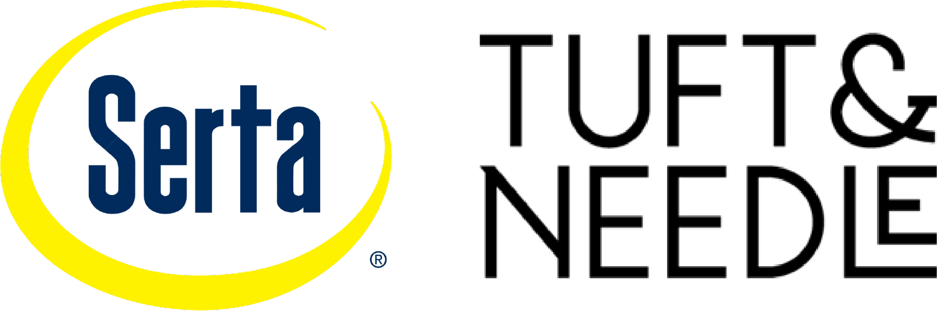 Logos for Serta, featuring blue text in a yellow arc, and Tuft & Needle, with black bold text.