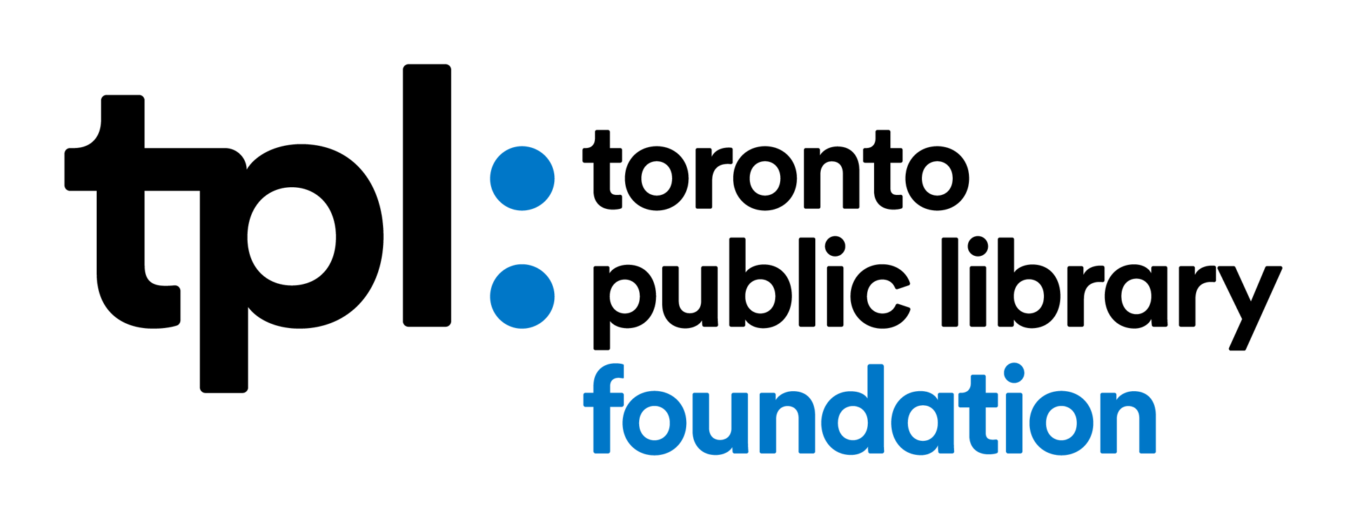 Logo for the Toronto Public Library Foundation, featuring 'tpl' and blue dots alongside the full name.