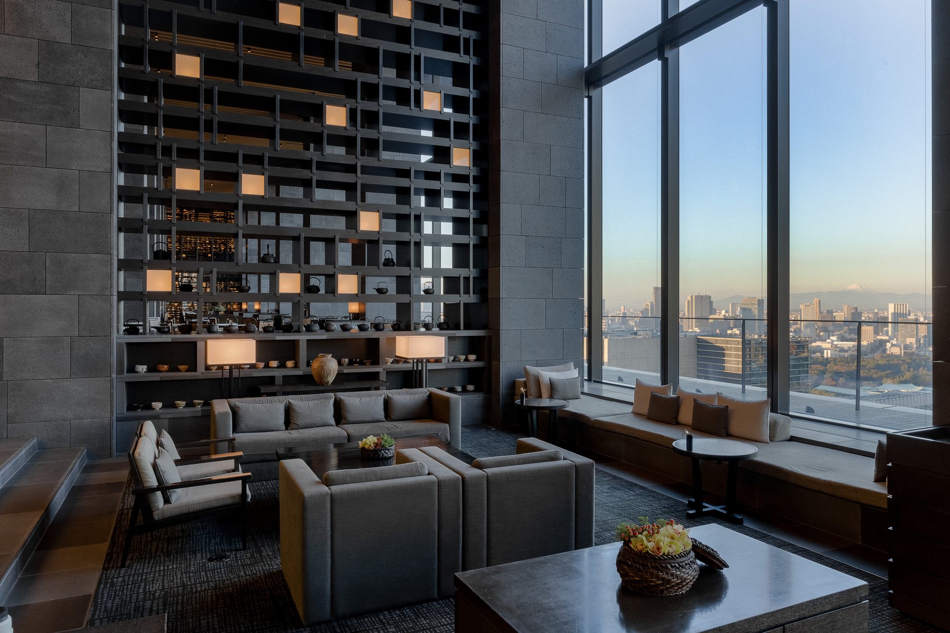 Interior design, Living room, Table, Furniture, Couch, Sky, Window, Building, Shade, Floor
