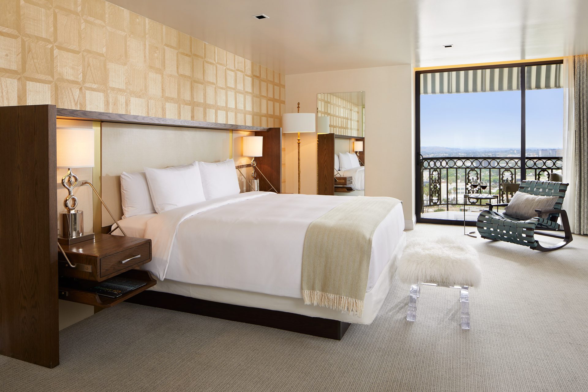 Bed frame, Furniture, Comfort, Building, Wood, Lighting, Flooring, Floor, Lamp