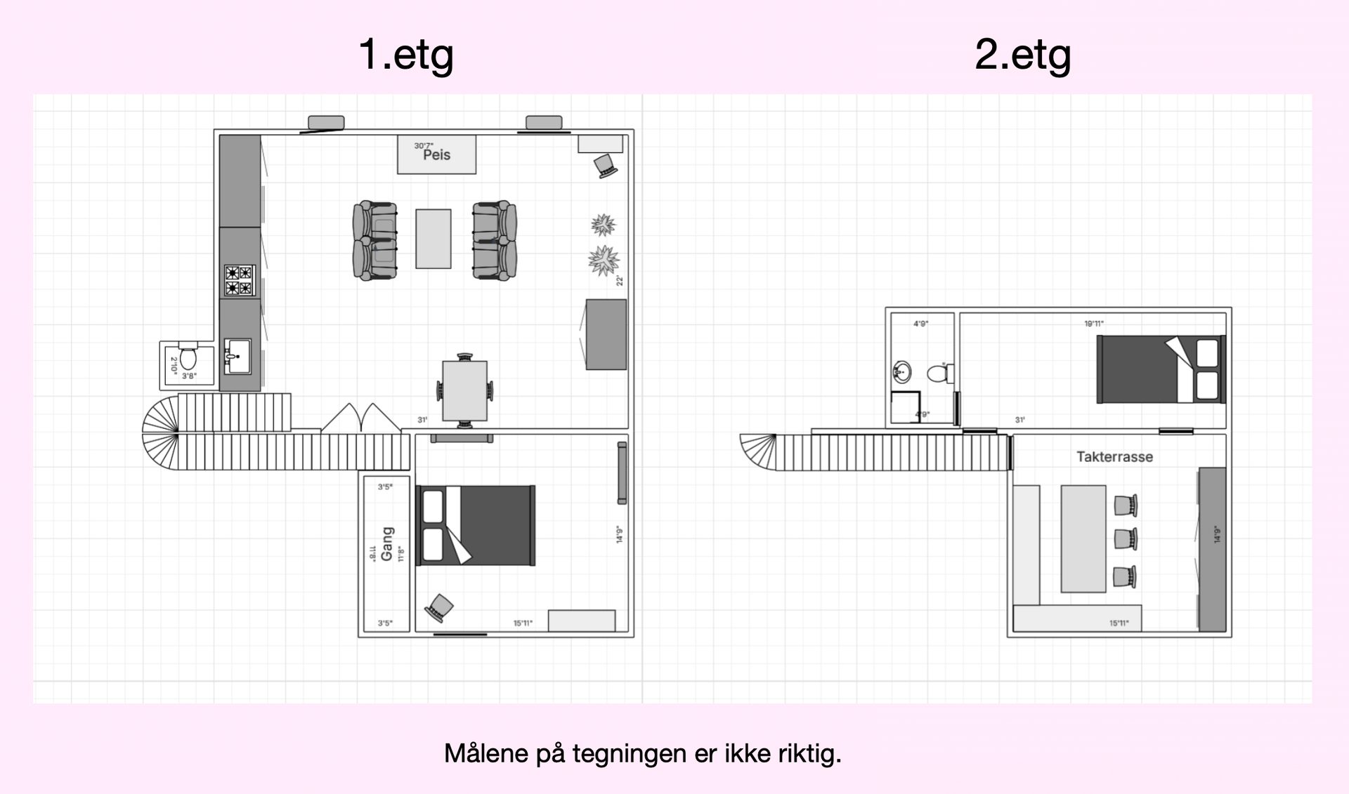 Floor plan of a two-story house with the first floor featuring living, kitchen, bedroom and the second floor with a bedroom, bathroom, and roof terrace.