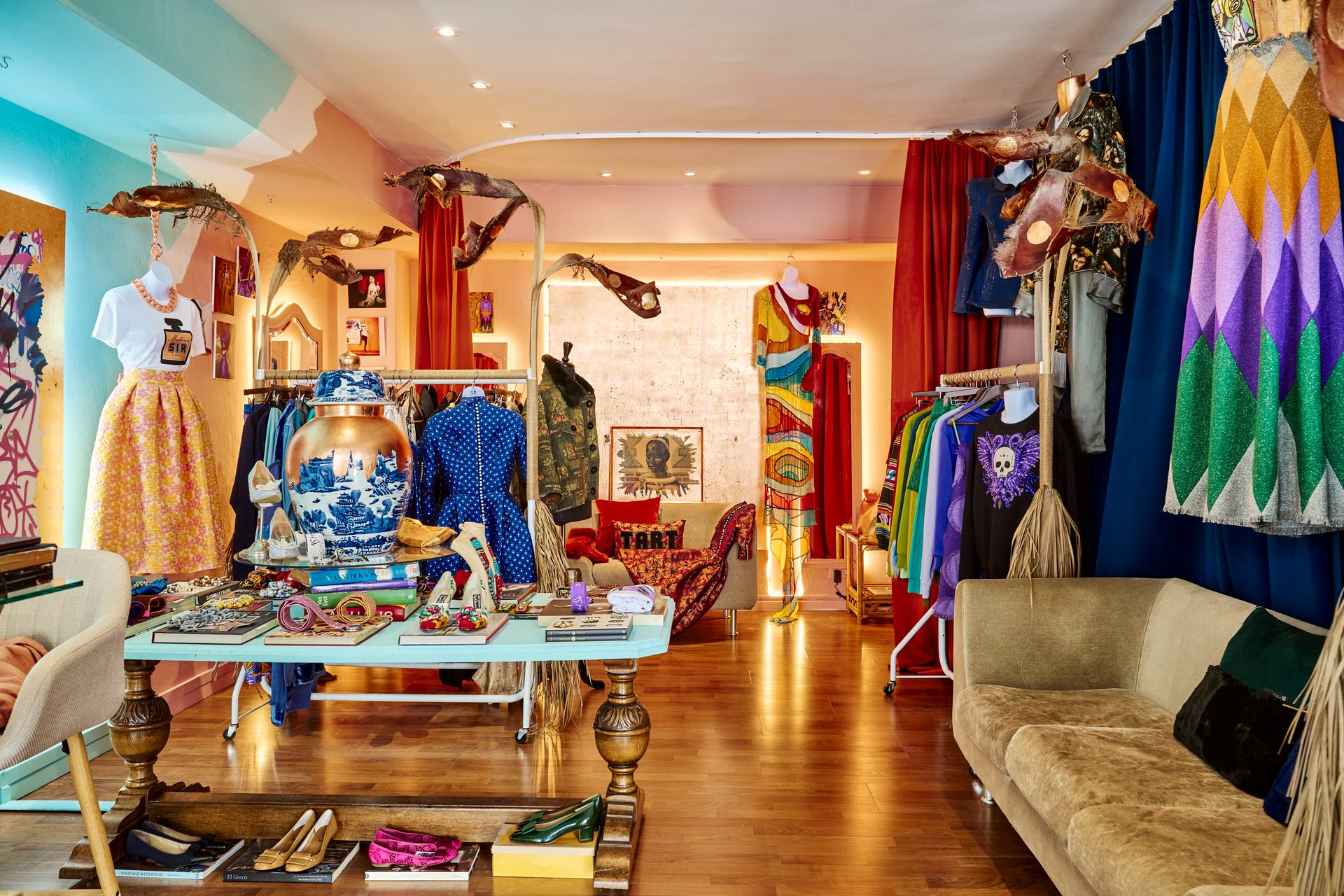 Colorful, eclectic clothing store with unique apparel and artistic decor.