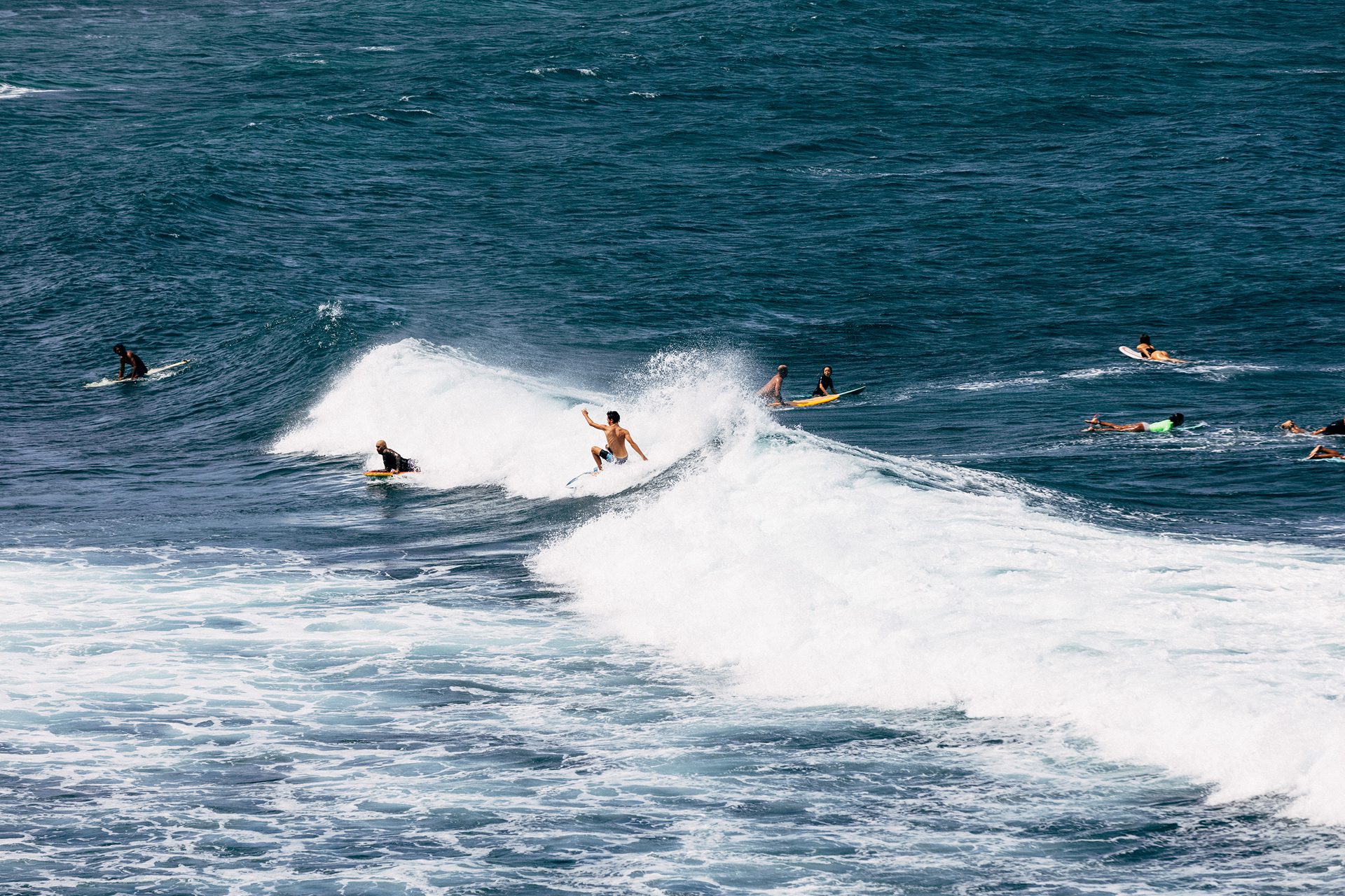 People surfing on waves in the ocean.