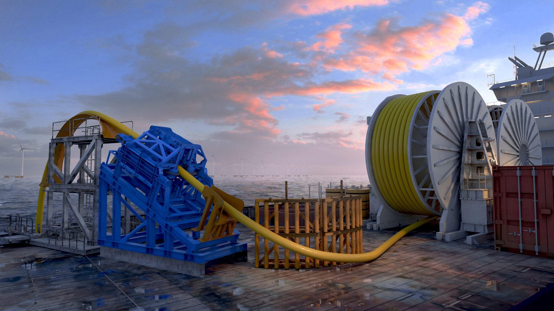 Offshore vessel with dynamic power cable visible near a floating offshore wind development