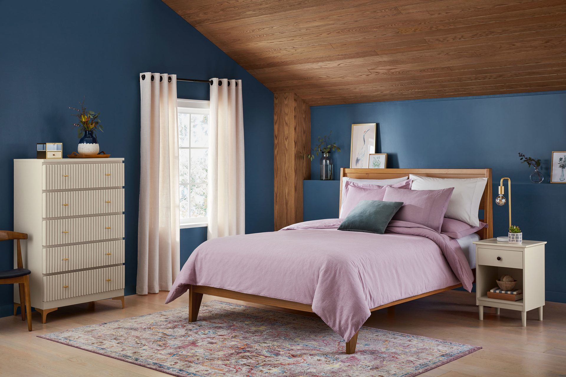 Bed frame, Furniture, Property, Blue, Comfort, Cabinetry, Azure, Wood, Building, Purple