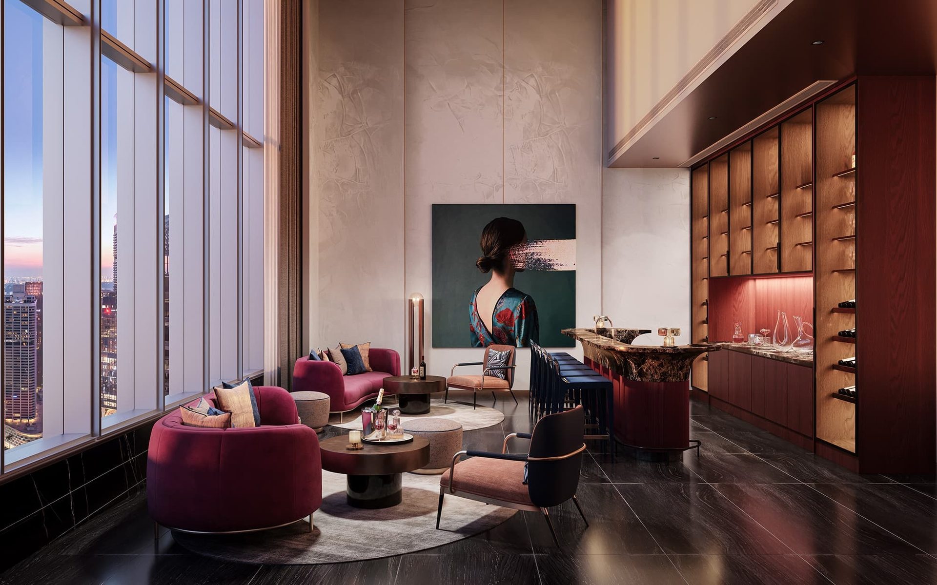 Modern high-rise lounge featuring magenta seating, large artwork, a stylish bar, and city views.