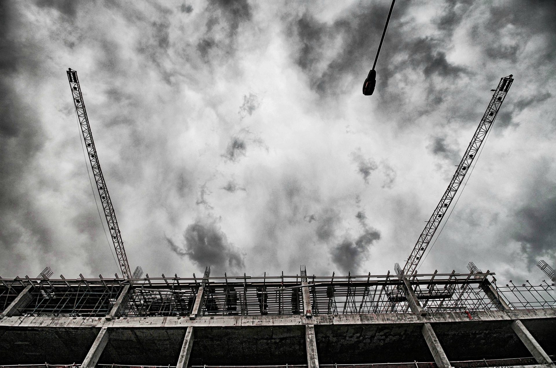 Tower block, Cloud, Sky, Building, Infrastructure, Architecture, Black-and-white, Line, Crane
