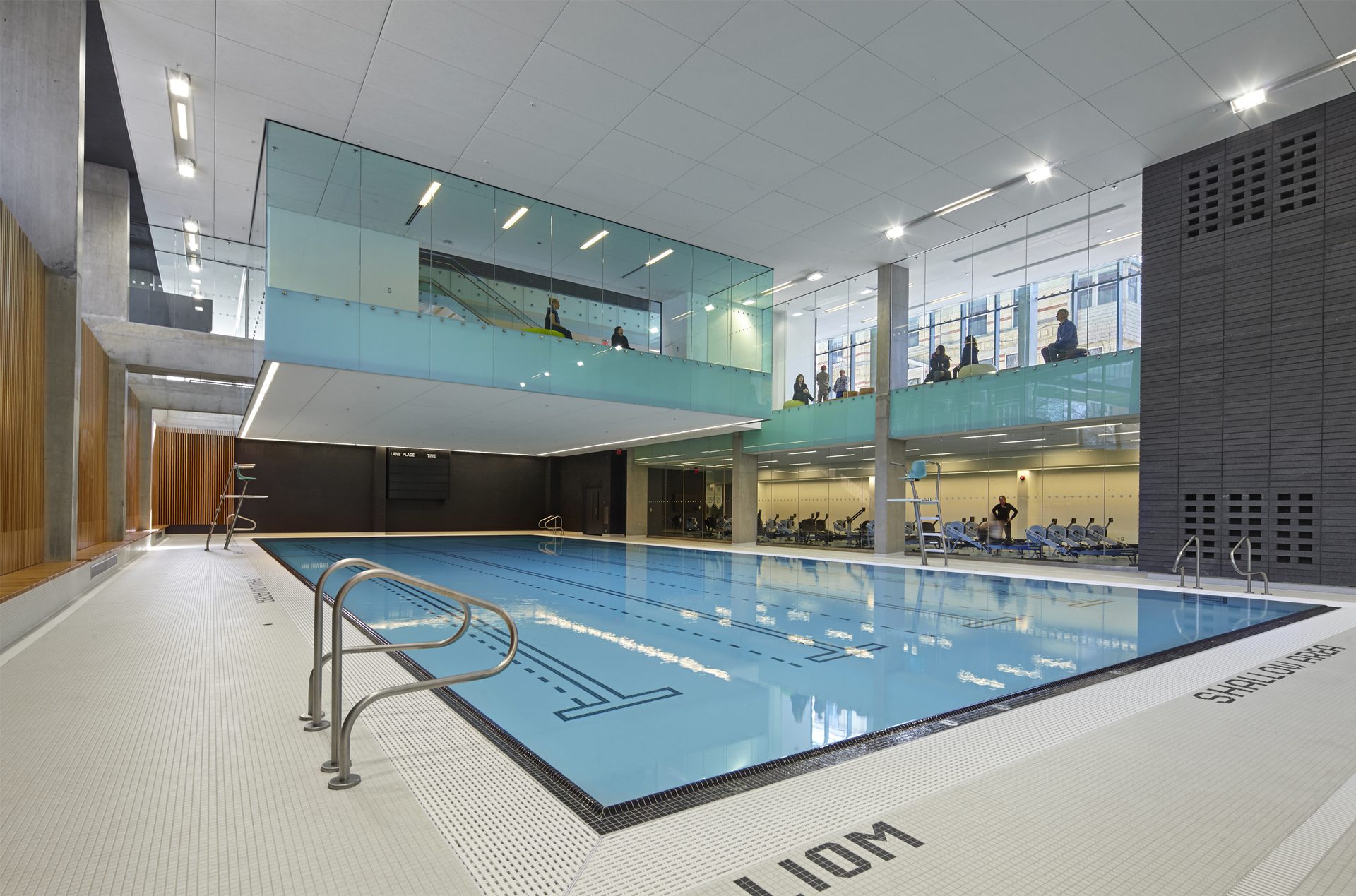 Swimming pool indoors with crisp white ceiling system.