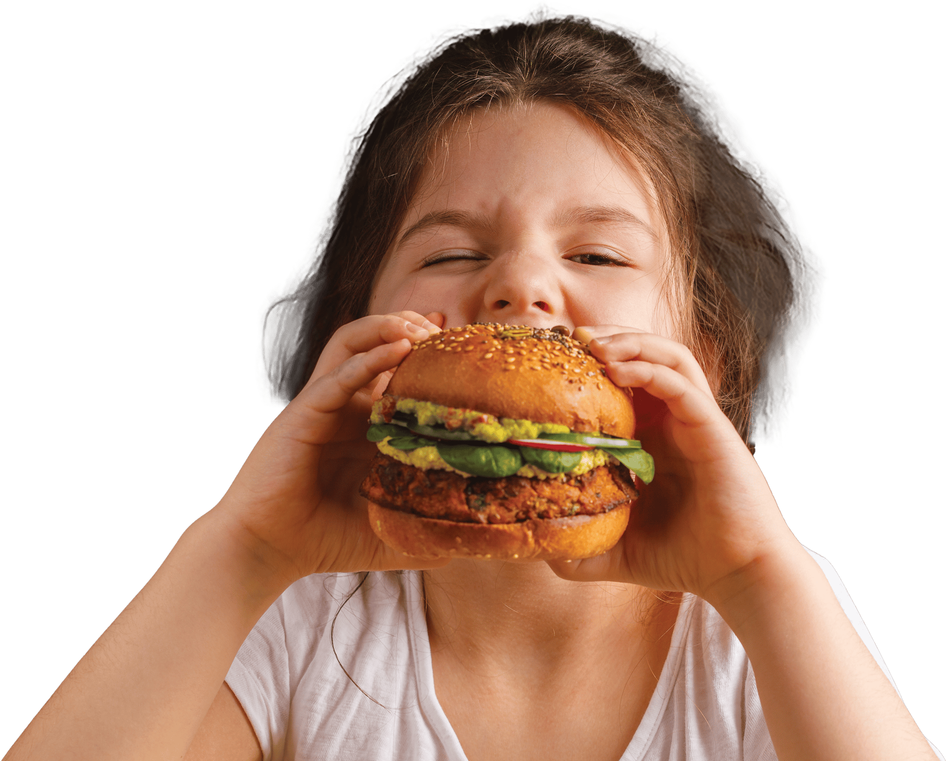 Young girl opening her mouth to take a bite of a giant burger