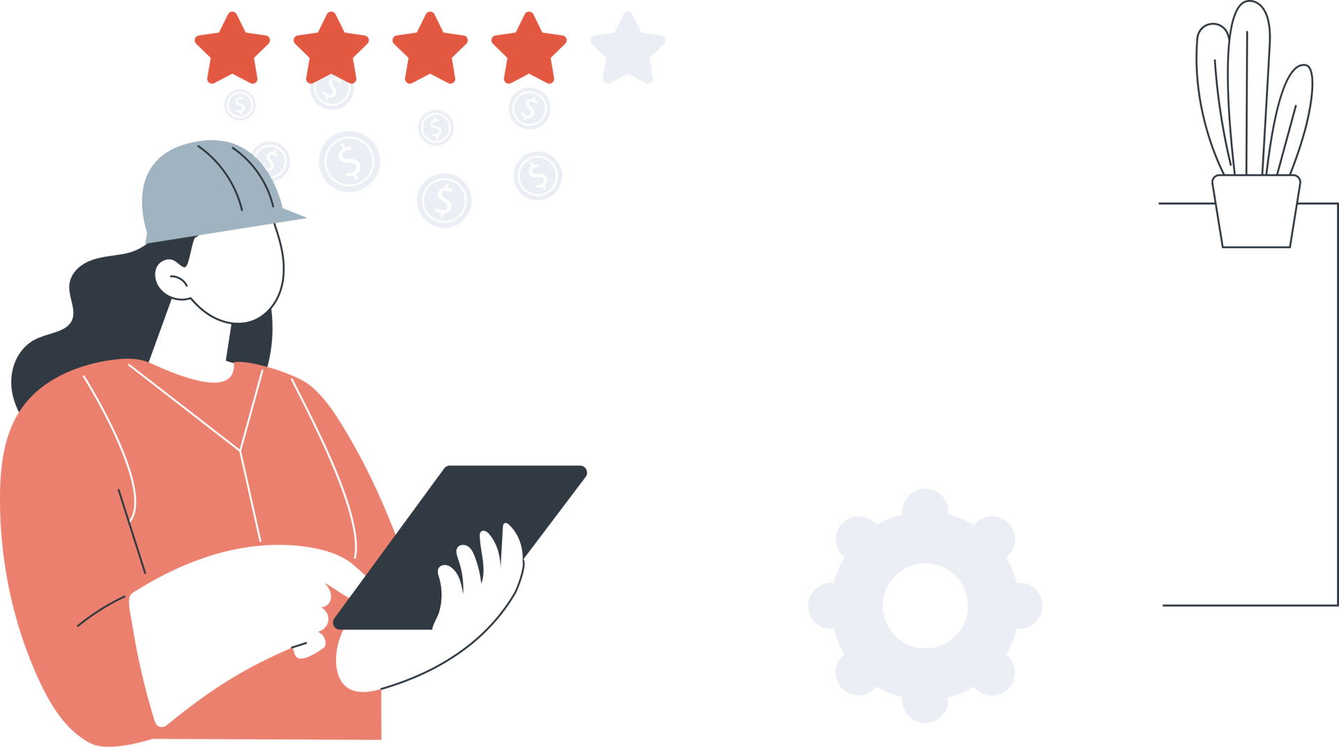Illustrated female identifying contractor holding a tablet.