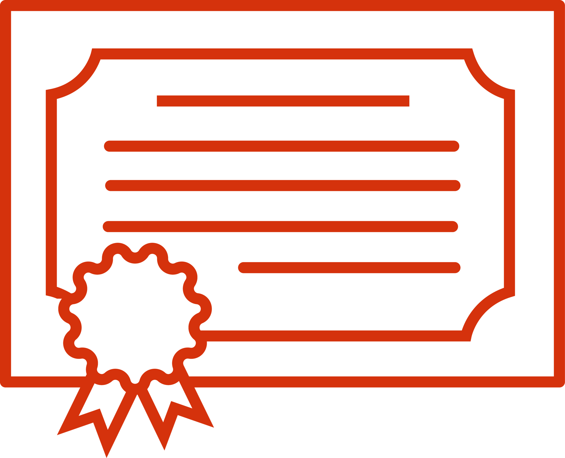 A red outline icon of a certificate or diploma with text lines and a rosette seal with ribbons.