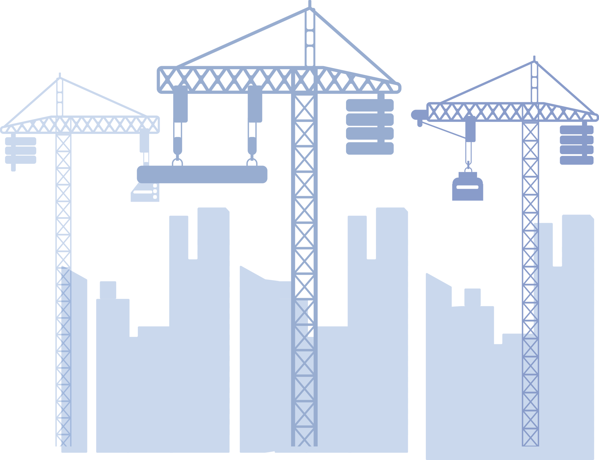 Flat illustration: three light blue construction cranes and building silhouettes on a dark green background.