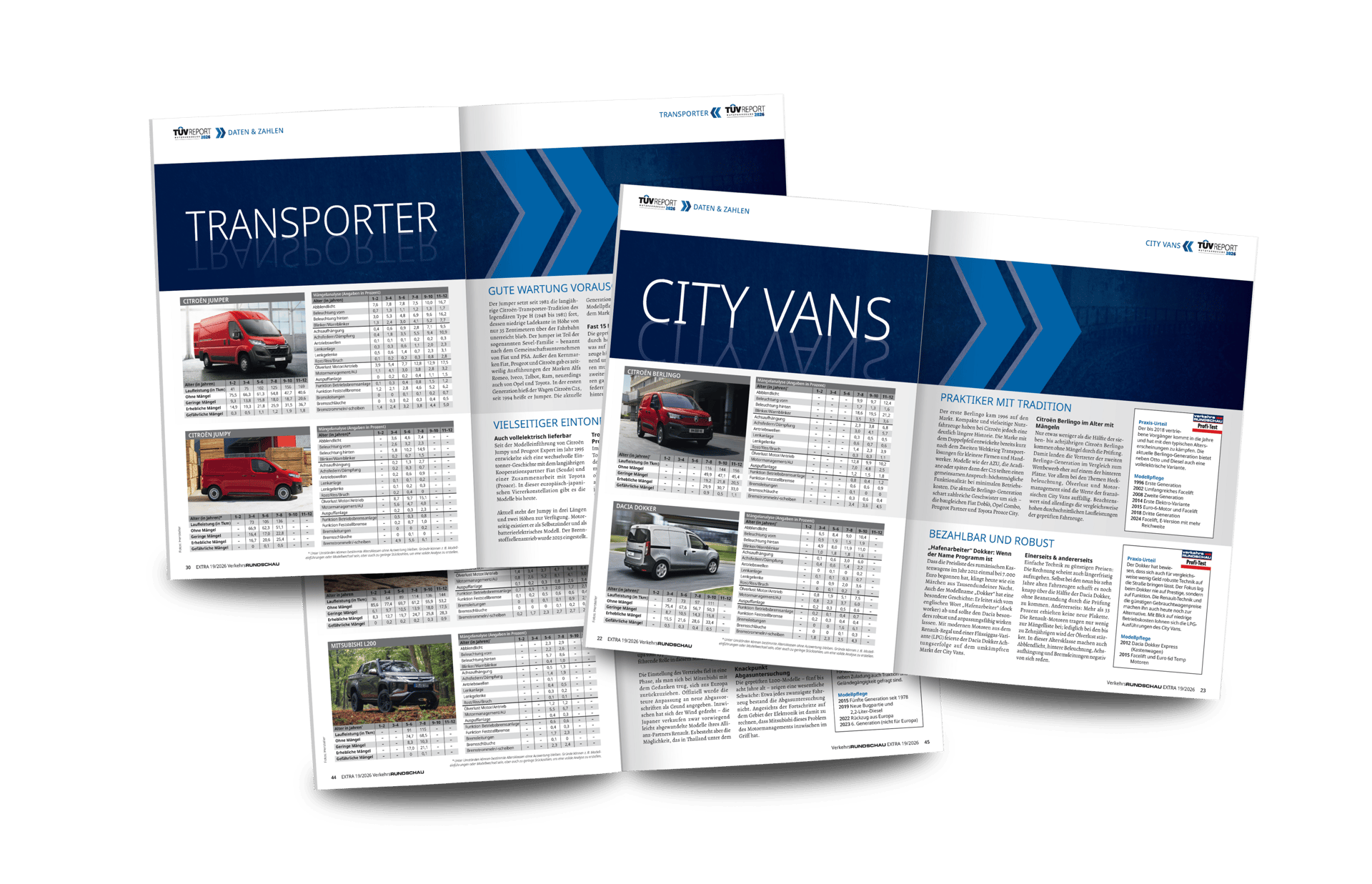 Open magazines with articles on "TRANSPORTER" and "CITY VANS", displaying vehicles, data tables, and text.