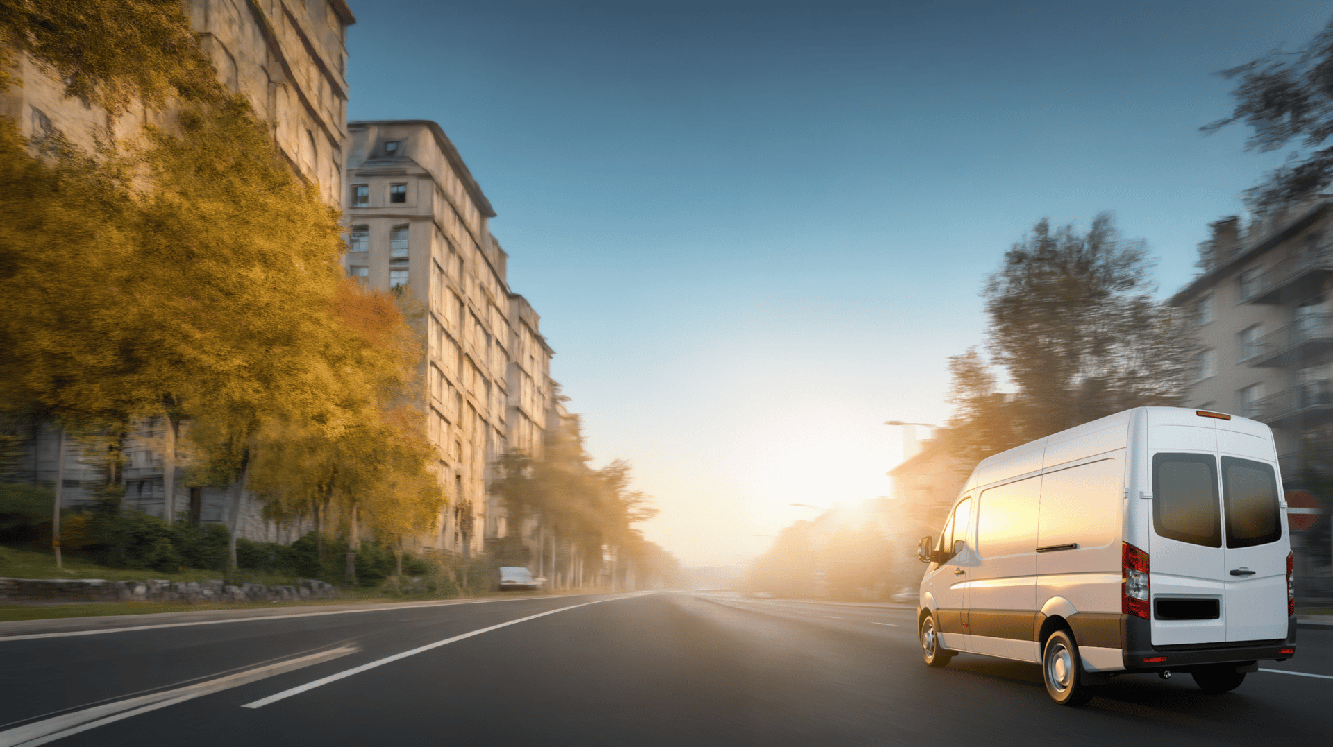 White delivery van speeds down a misty city street at dawn, with buildings and trees lining the road.