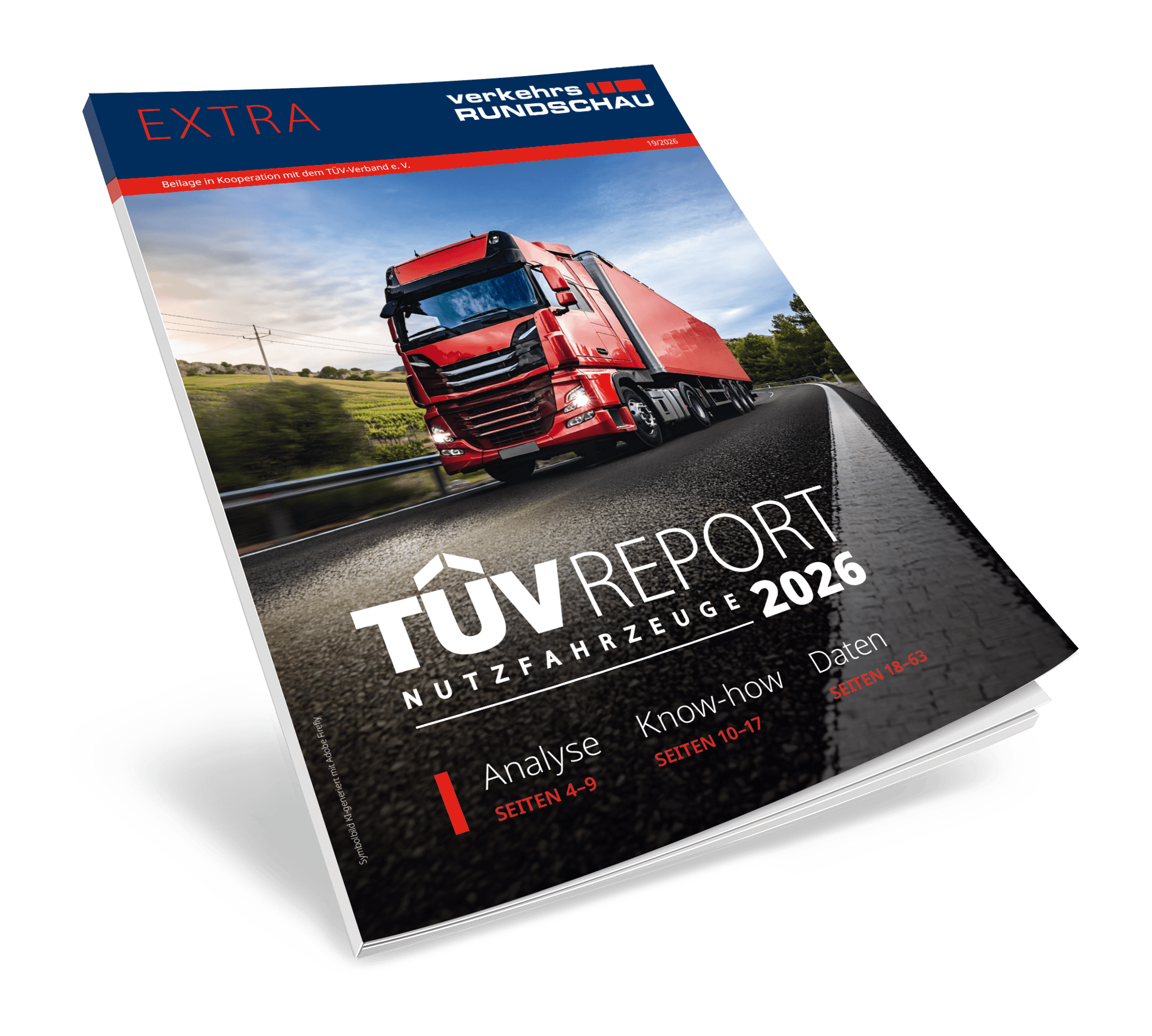 TÜV REPORT Nutzfahrzeuge 2026 magazine cover showing a red truck on a winding road.