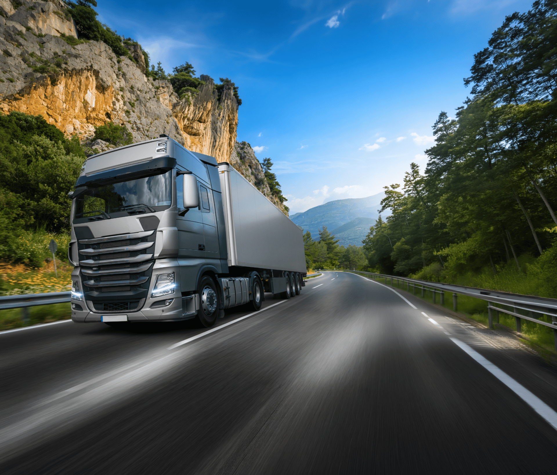 A large grey semi-truck drives on a winding mountain highway surrounded by forests and rocky cliffs.