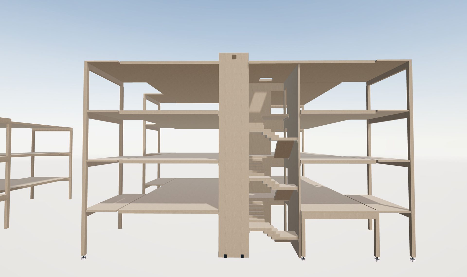 3D model of a light brown multi-story building frame with internal stairs.