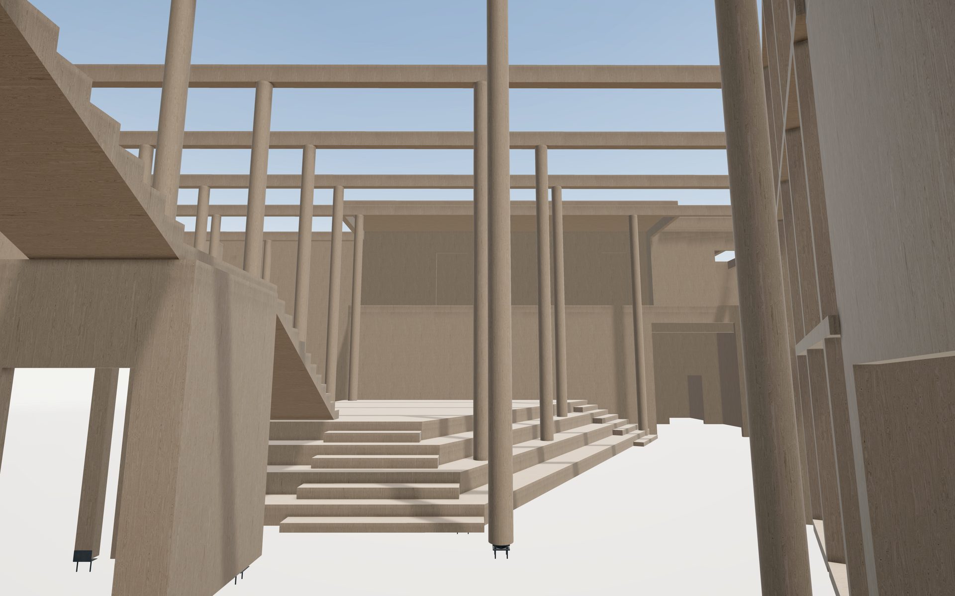 Architectural rendering of a building interior with wooden stairs, columns, and beams.