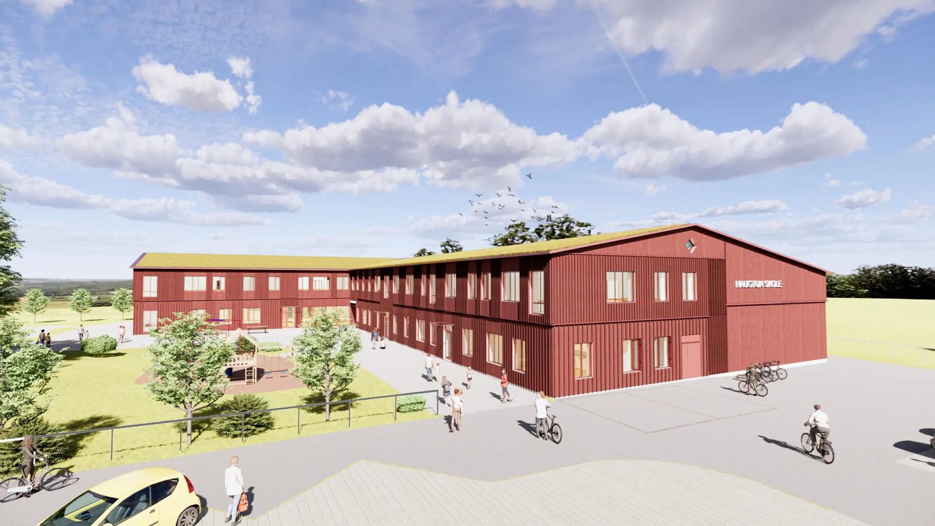 Rendering of a red school 'HAUGTUN SKOLE' with courtyard, playground, and people.