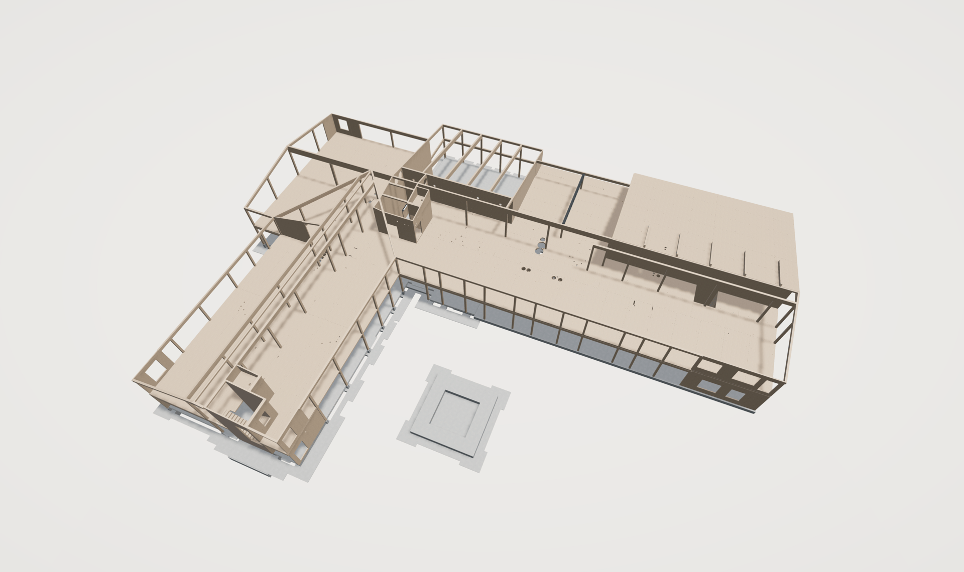 A top-down 3D model of an L-shaped building's light beige framework, featuring an interior courtyard.