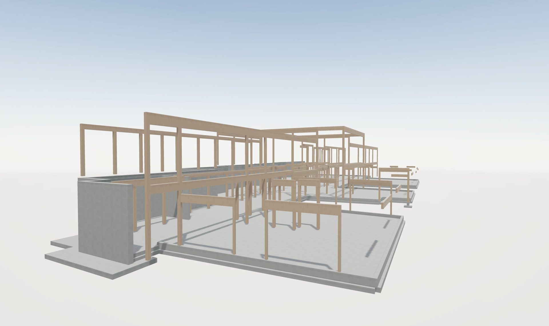 3D model of a building's concrete foundation and timber frame.