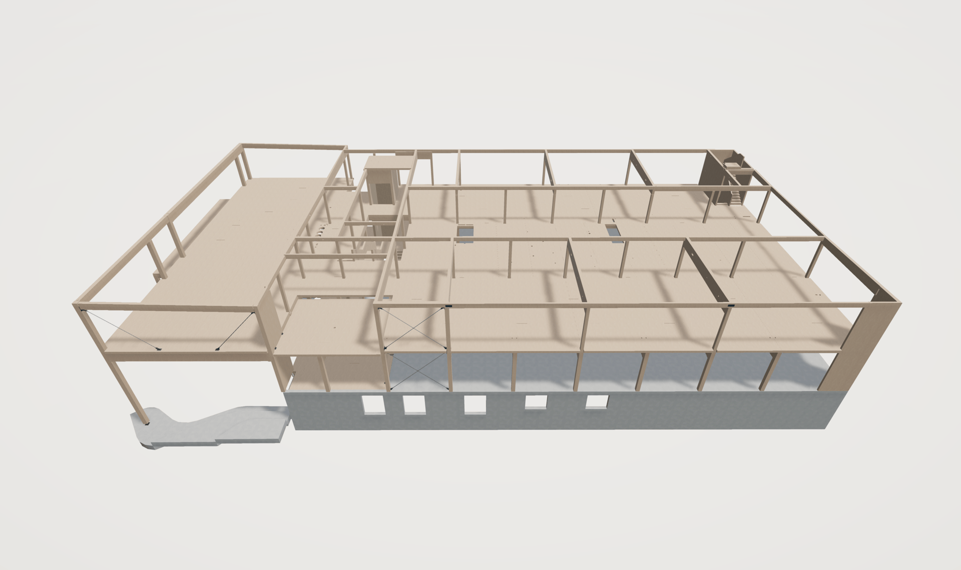 3D model of a building's light wood frame structure on a concrete base.