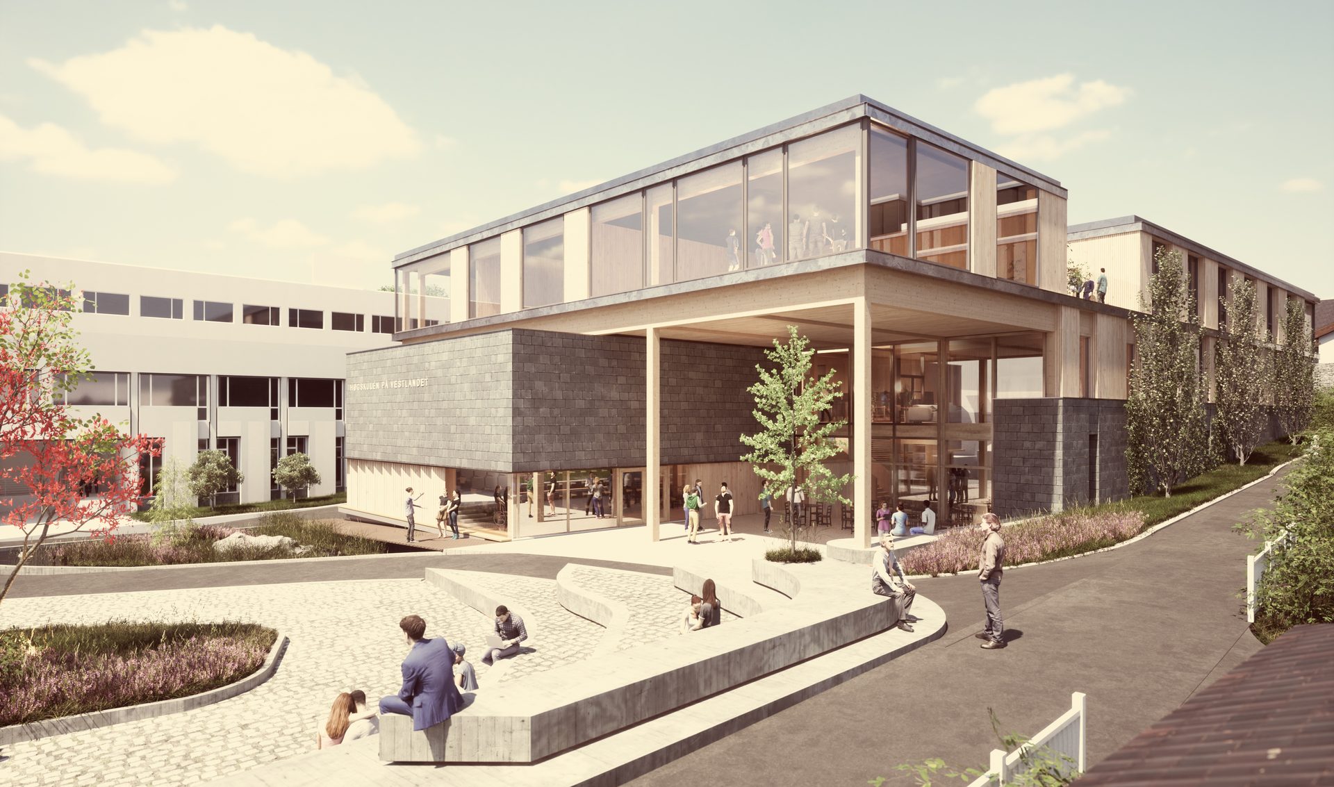 3D render of Høgskulen på Vestlandet, a modern university campus with a plaza and people.