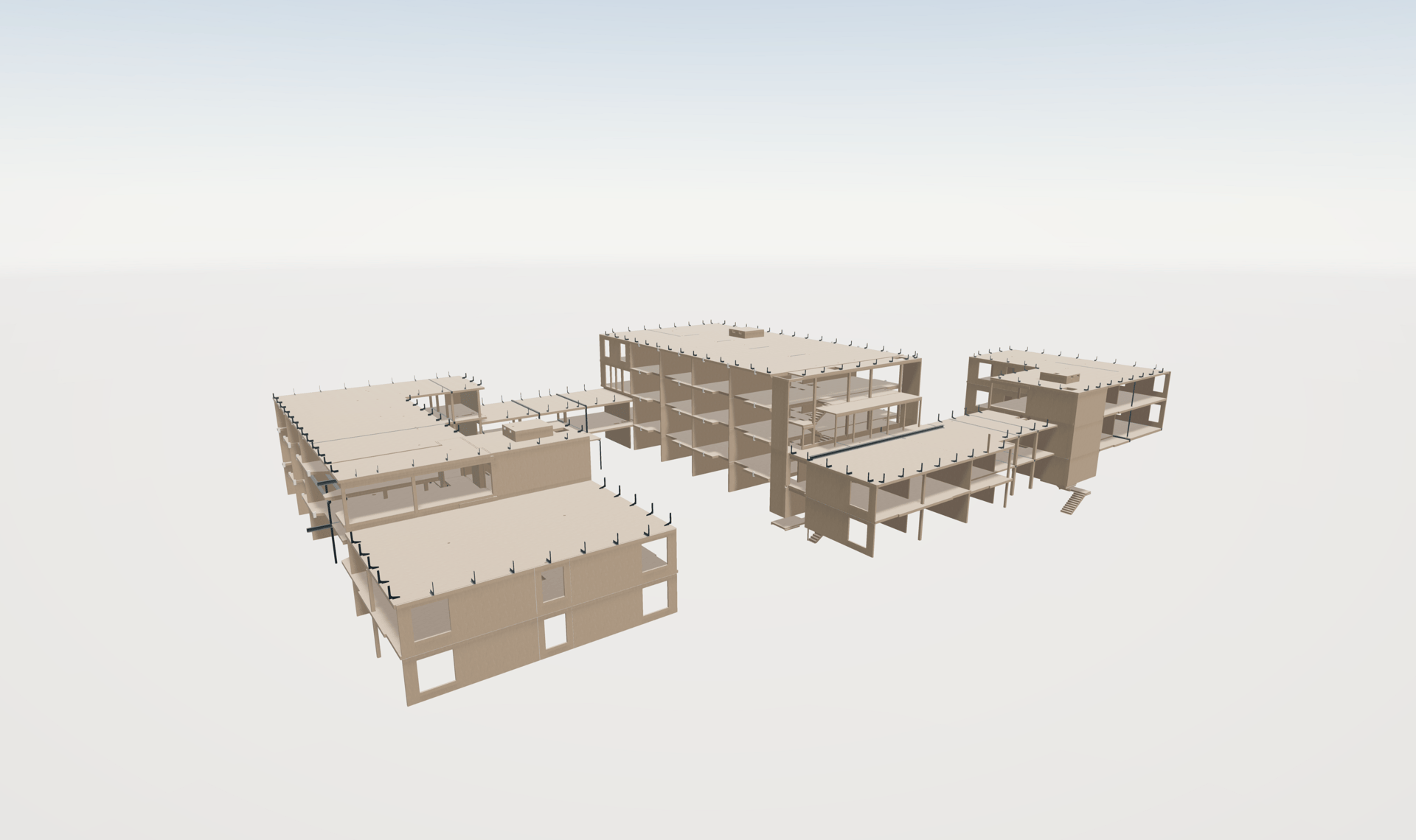 3D model of light-colored building frameworks with exposed rebar hooks.