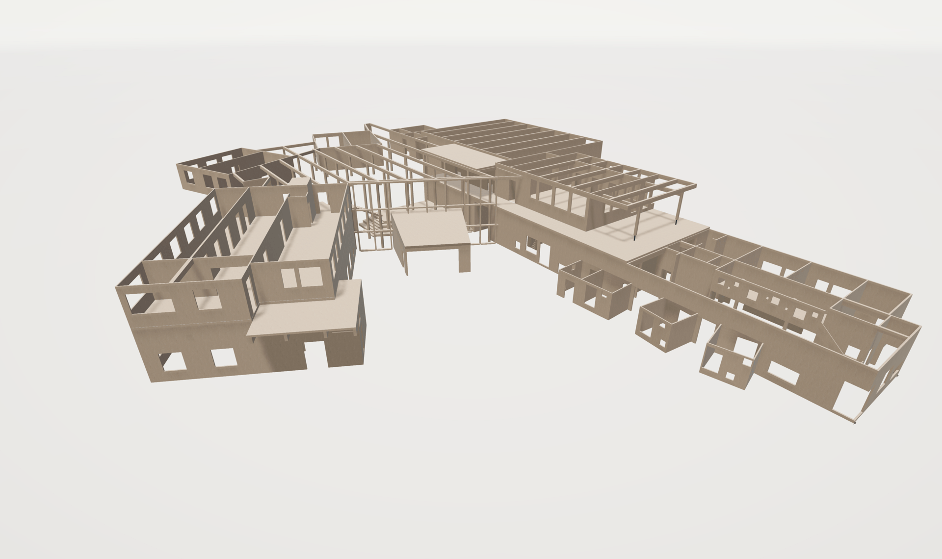 3D cardboard-like architectural model of a building's interior structure.