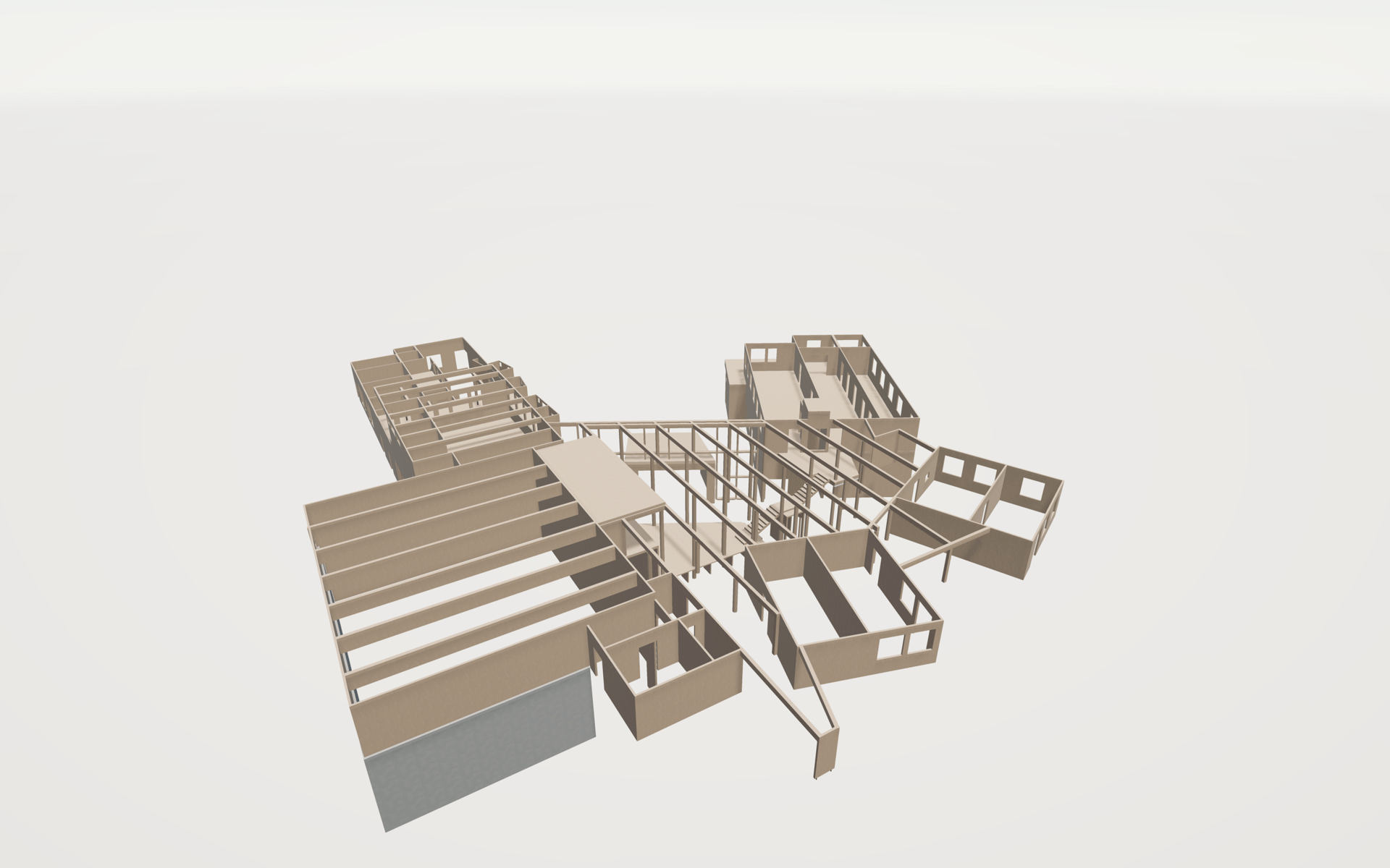 3D architectural model of a building's framework, light brown on white background.