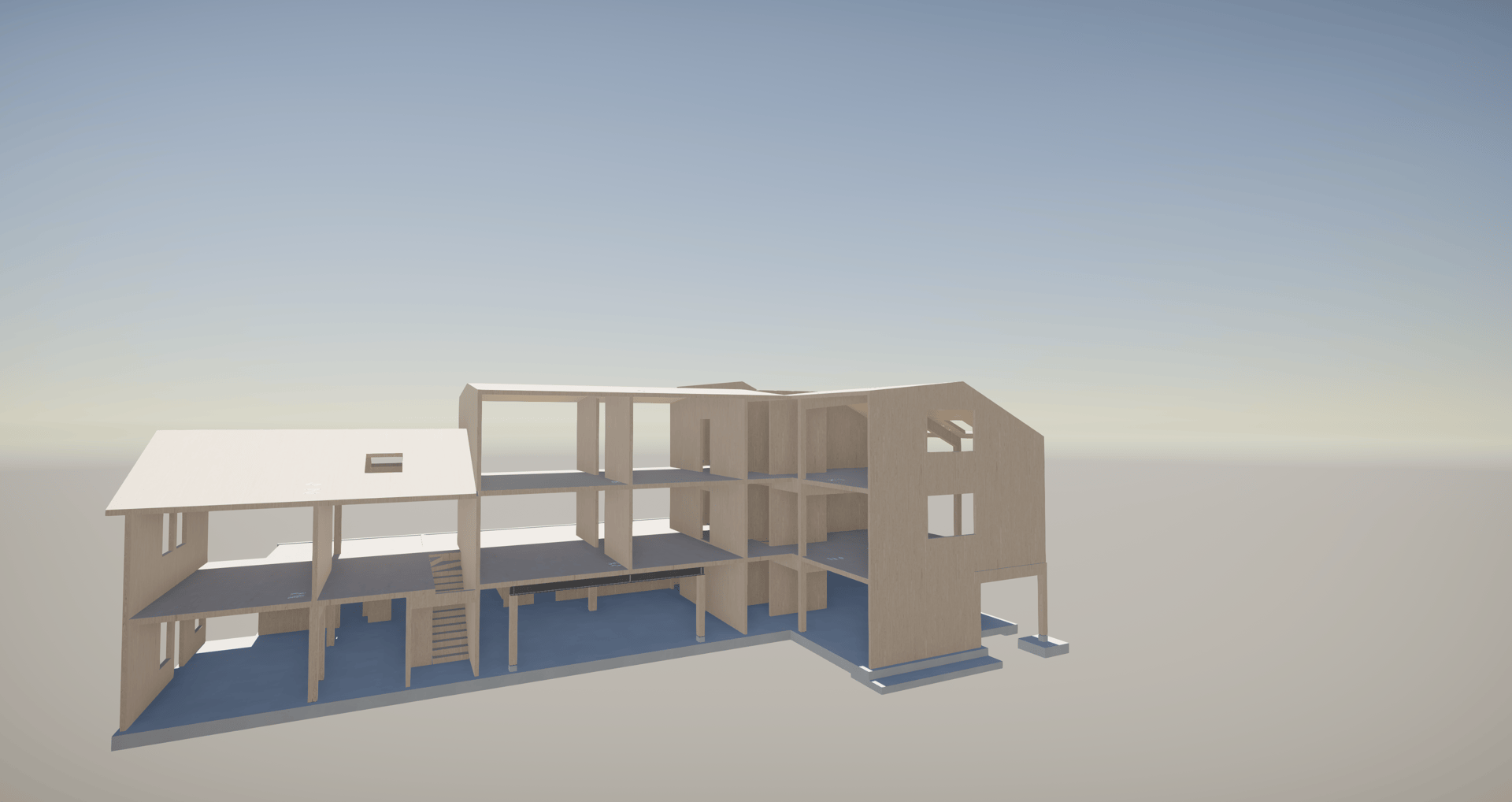 3D architectural cutaway model of a multi-story building, showing its internal structure.
