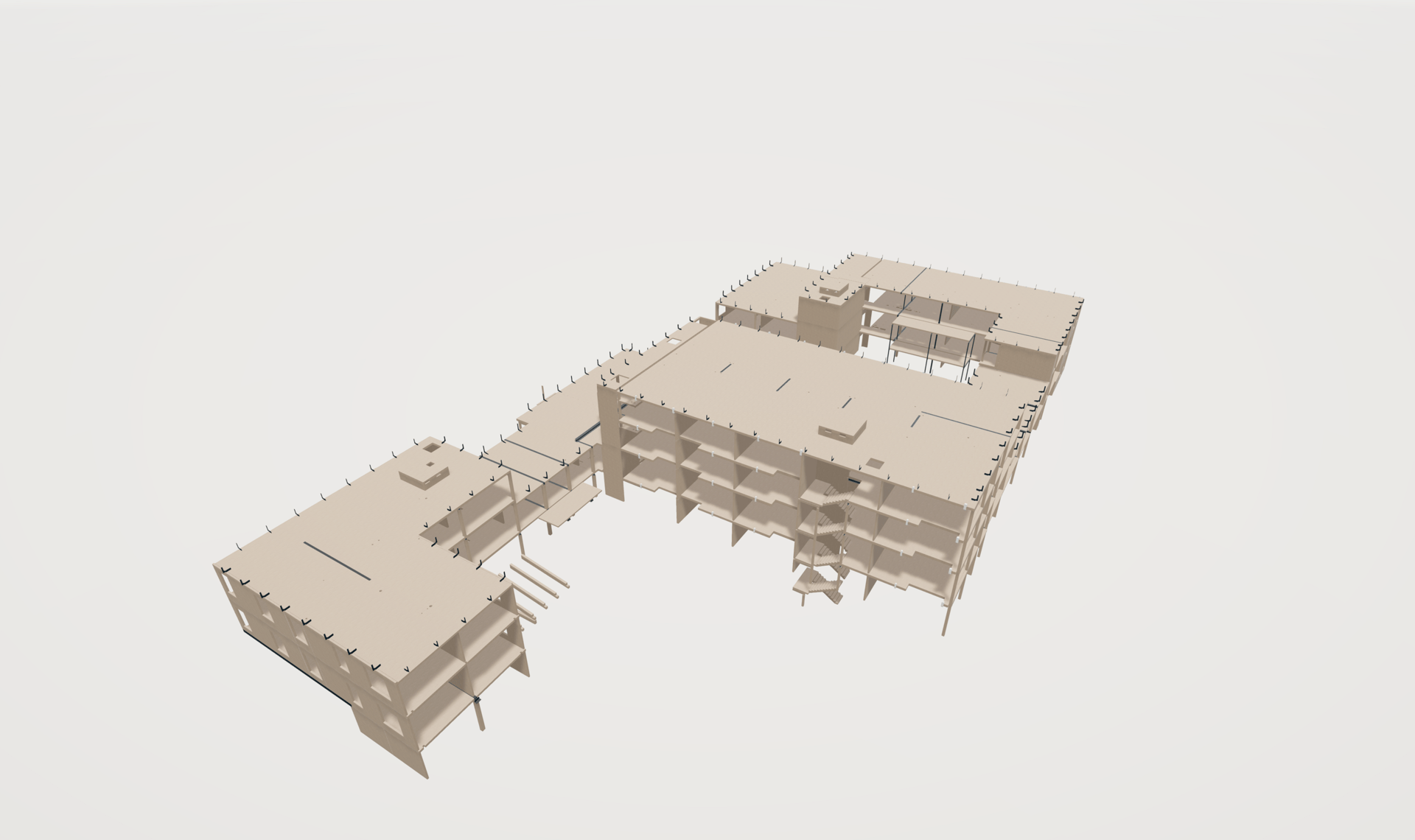 Architectural 3D model of a multi-story building's structural framework.