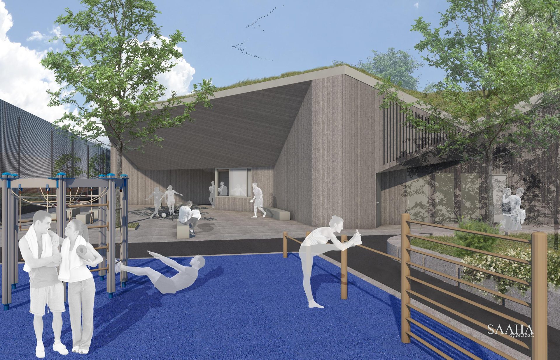Modern building with green roof, adjacent outdoor sports area with people exercising.
