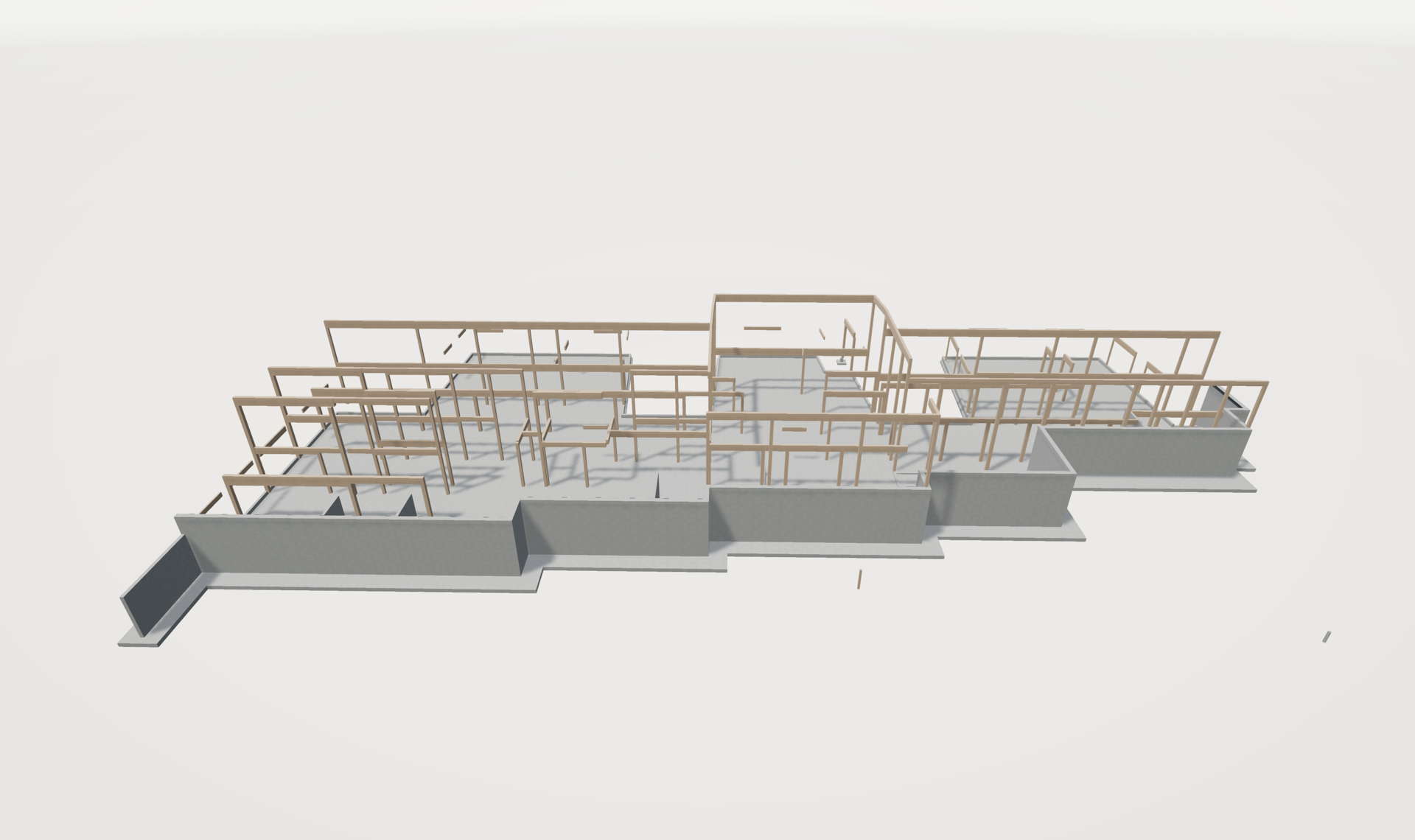3D render of a building's concrete base and wooden skeletal structure on a white background.