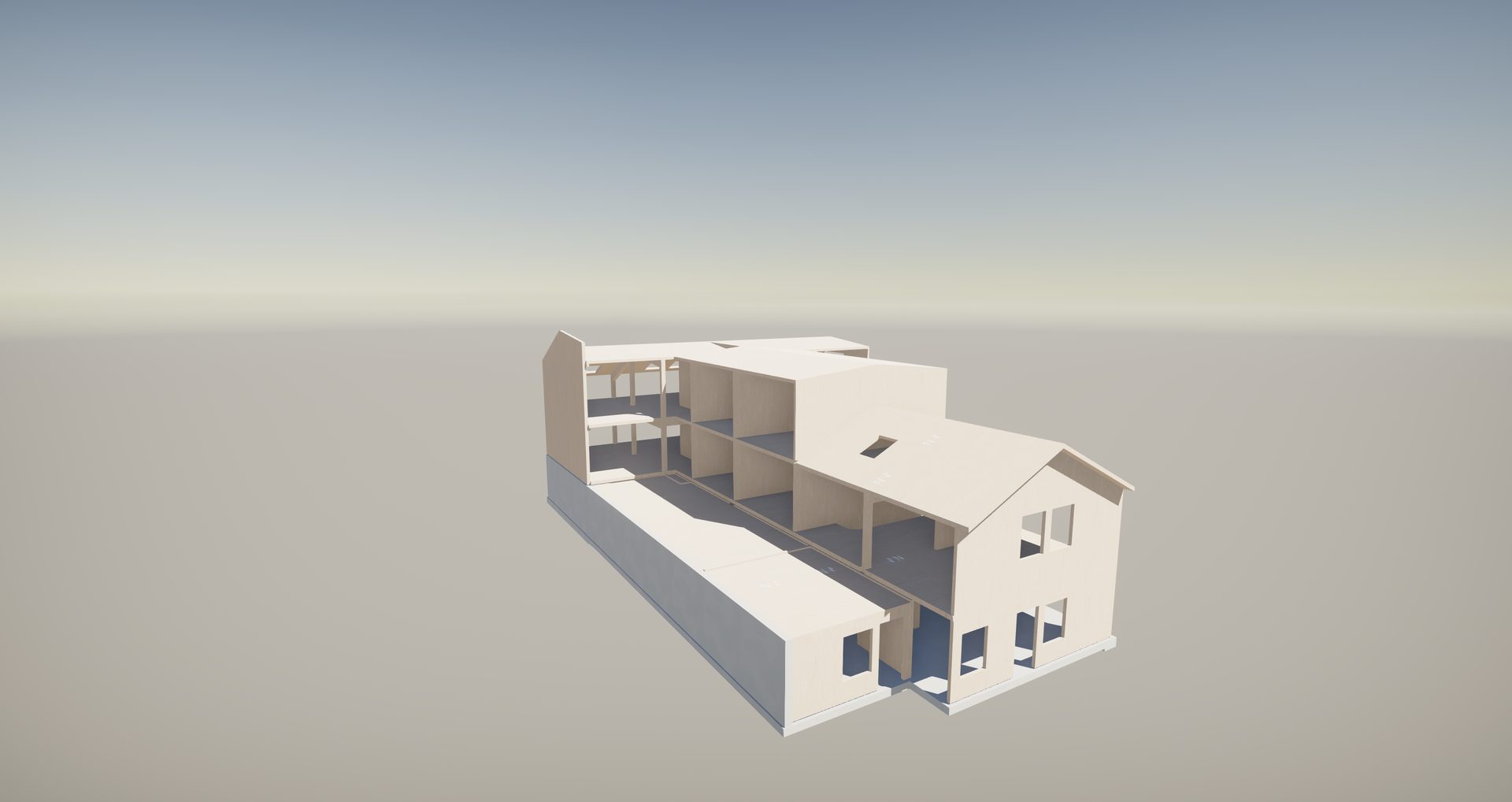 Architectural 3D render of a building model with cutaway views showing interior structure.