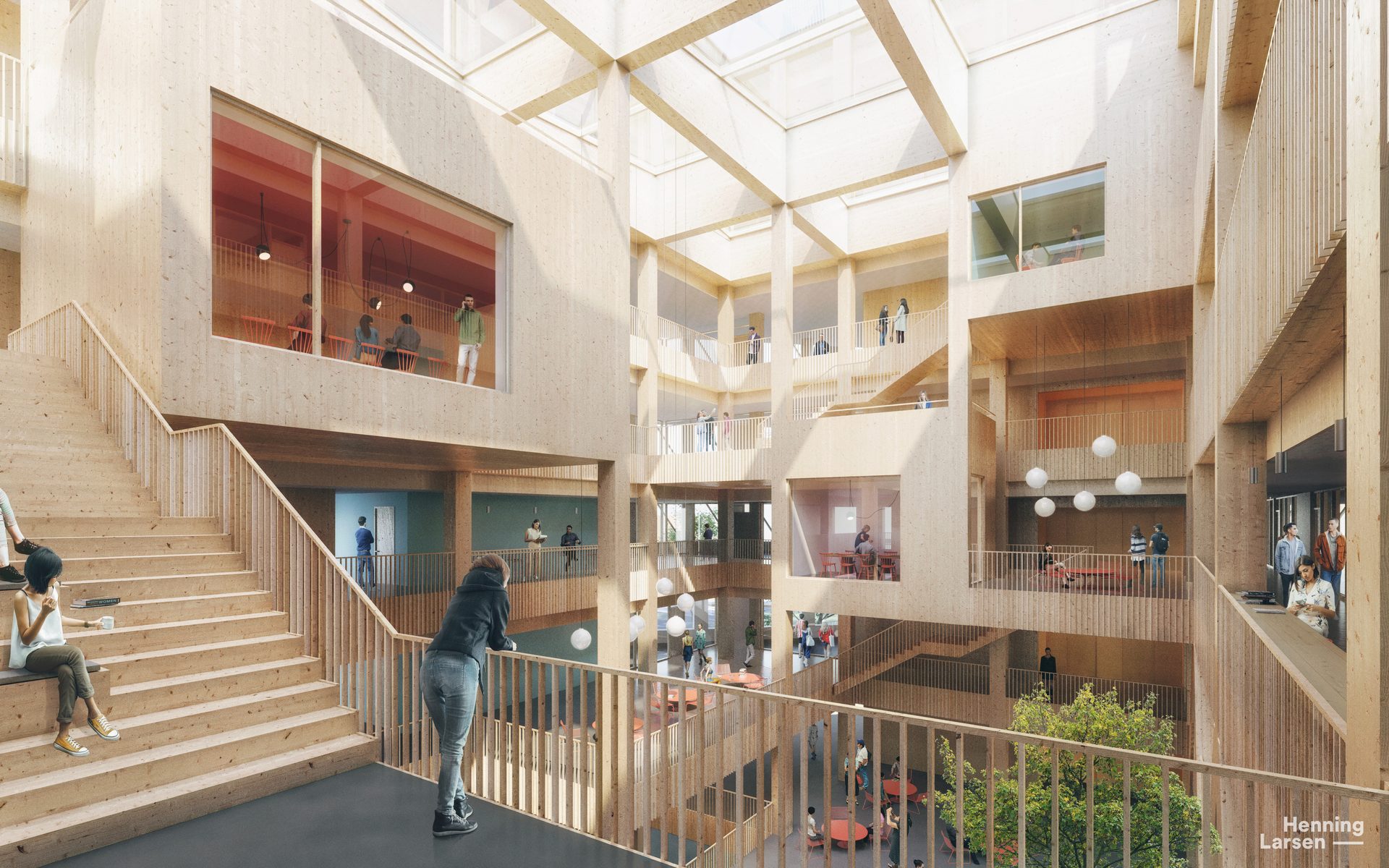 Multi-level wooden atrium building with people on stairs, balconies, and rooms, bathed in natural light.