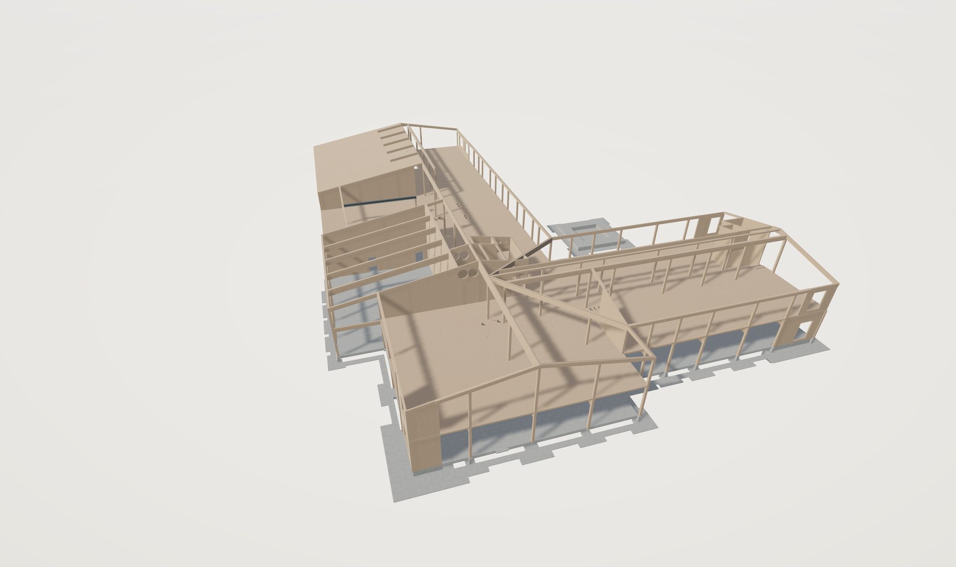 3D model of a complex wood-framed building.