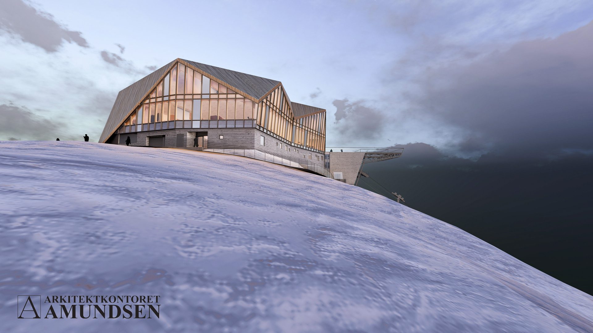 Modern angular building with large glass windows and wooden facade, perched on a snow-covered slope under a cloudy sky.