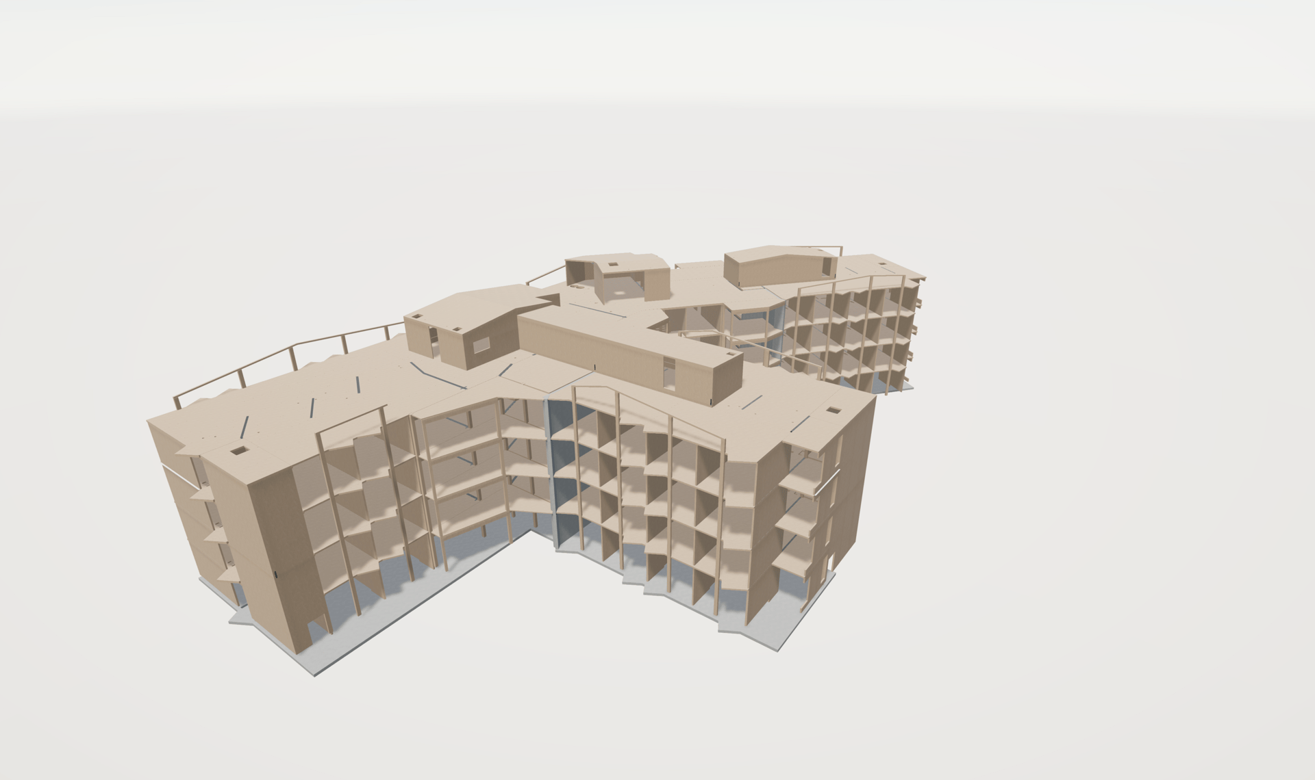 Architectural 3D model of a multi-story, multi-wing building in beige.