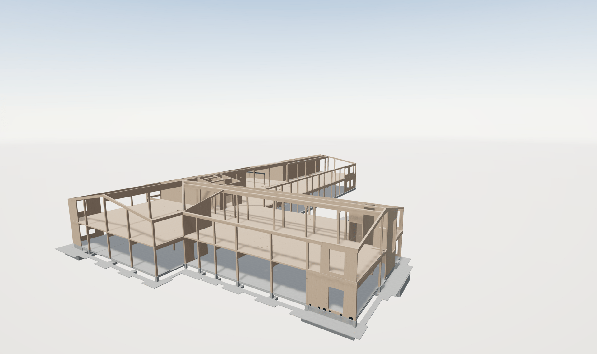 3D architectural model of a multi-story wooden building frame.