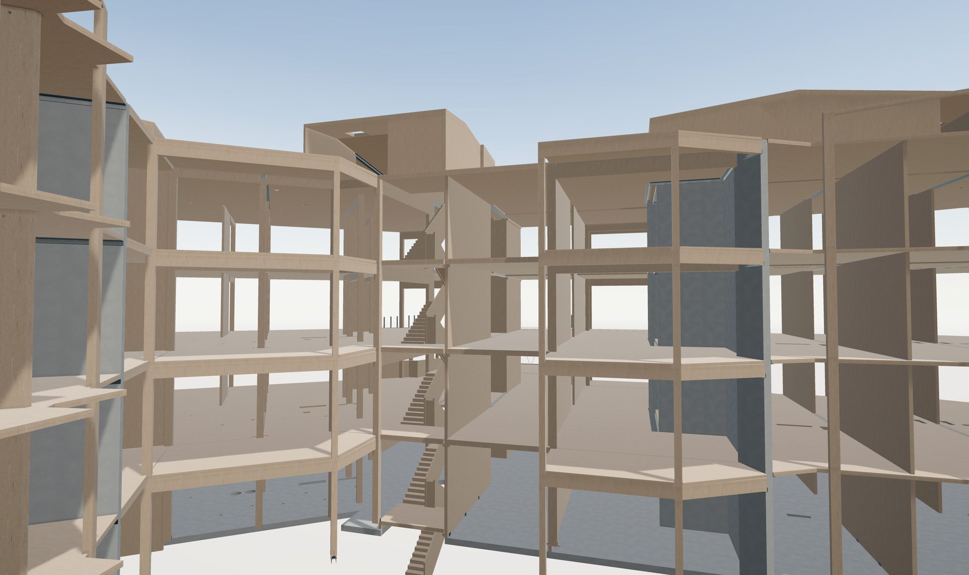 3D architectural model of a multi-level timber building frame.