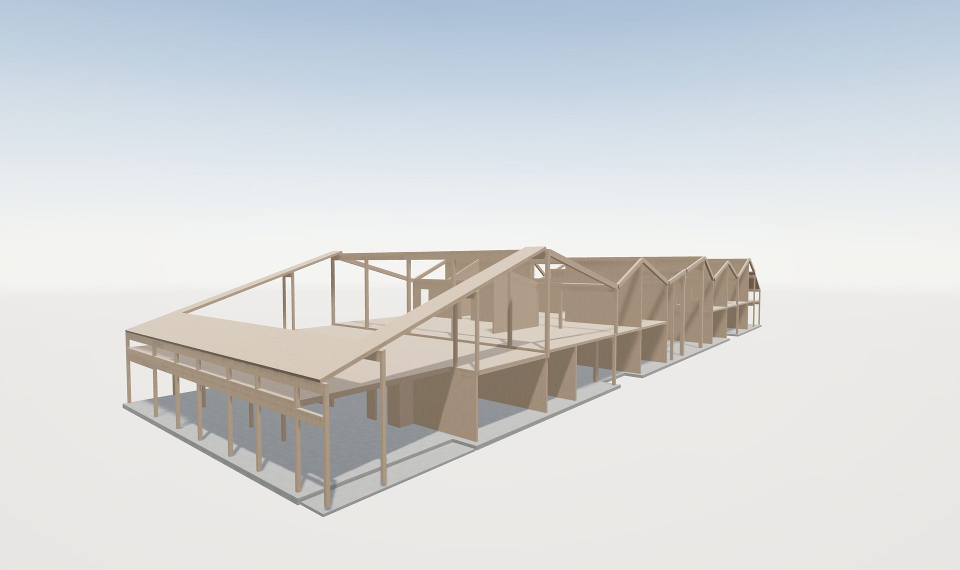 Light brown 3D architectural frame of a long building with internal floors and roof sections.