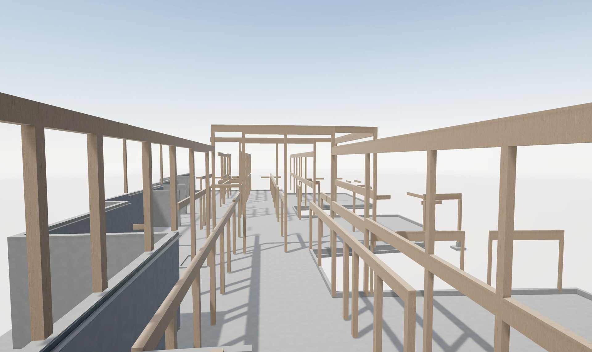3D model of a building's exposed wooden framework and concrete structure.