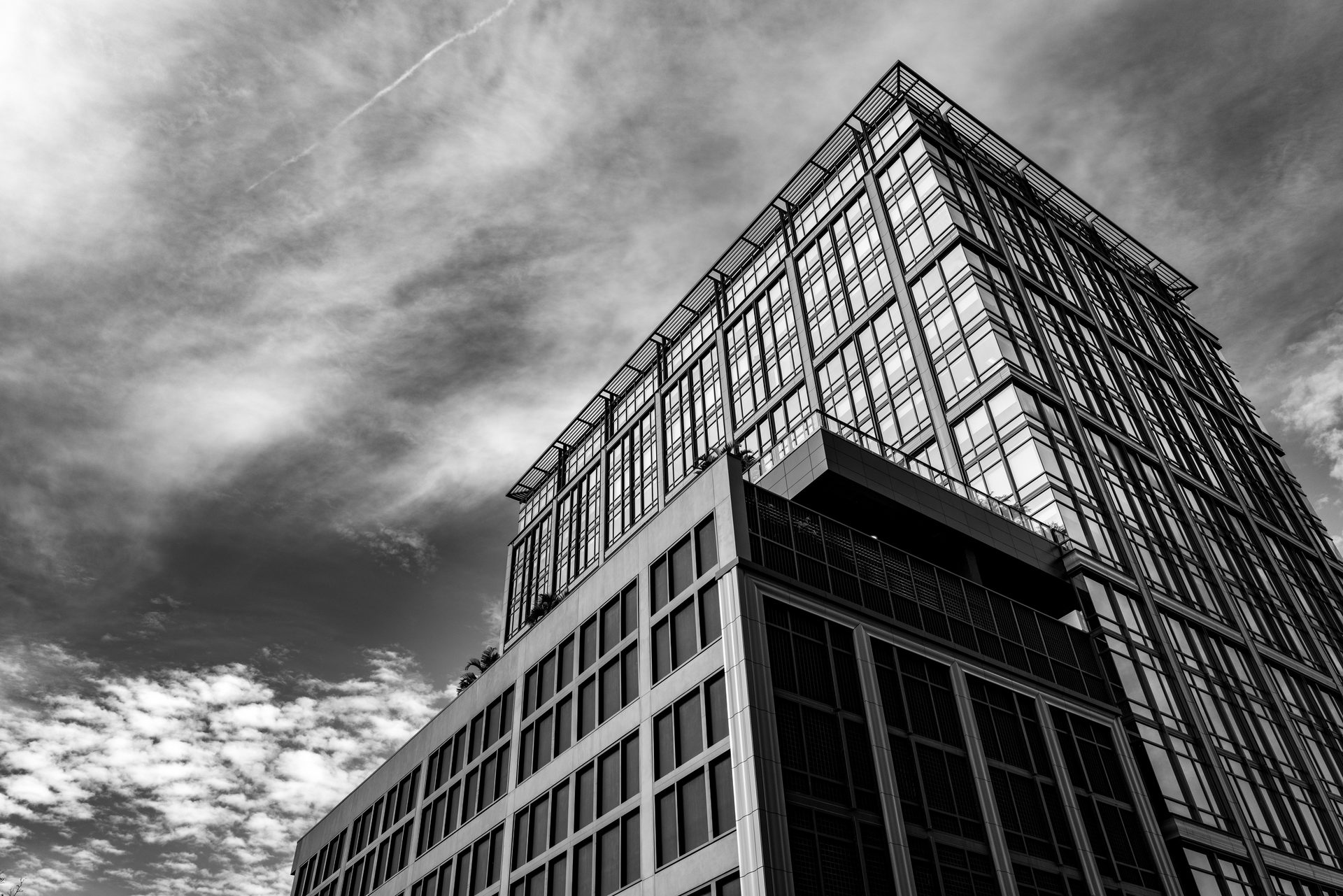 Tower block, Cloud, Building, Sky, Daytime, Skyscraper, Black, Black-and-white, Grey, Style