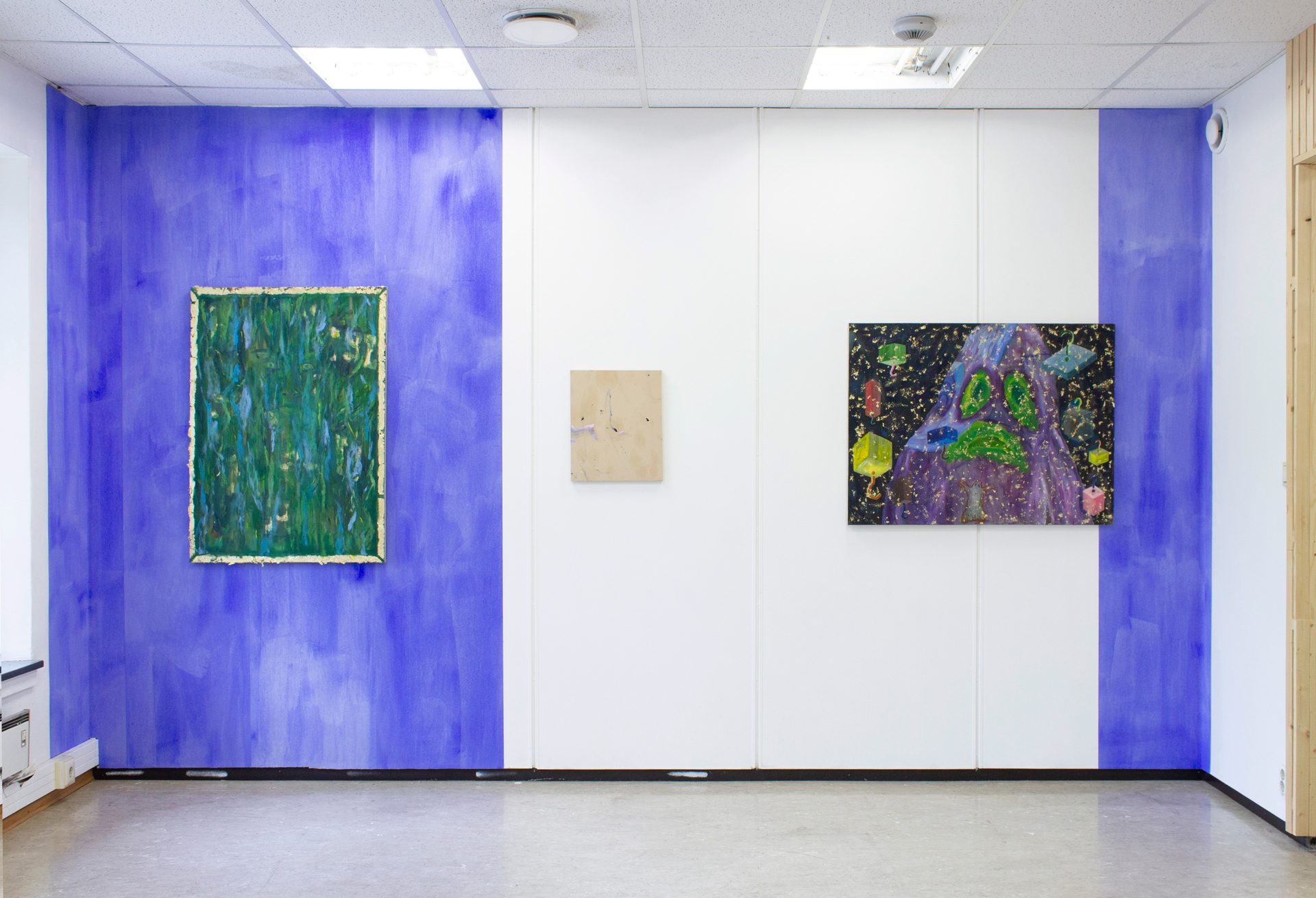 Interior design, Art paint, Building, Purple, Floor, Flooring, Plant